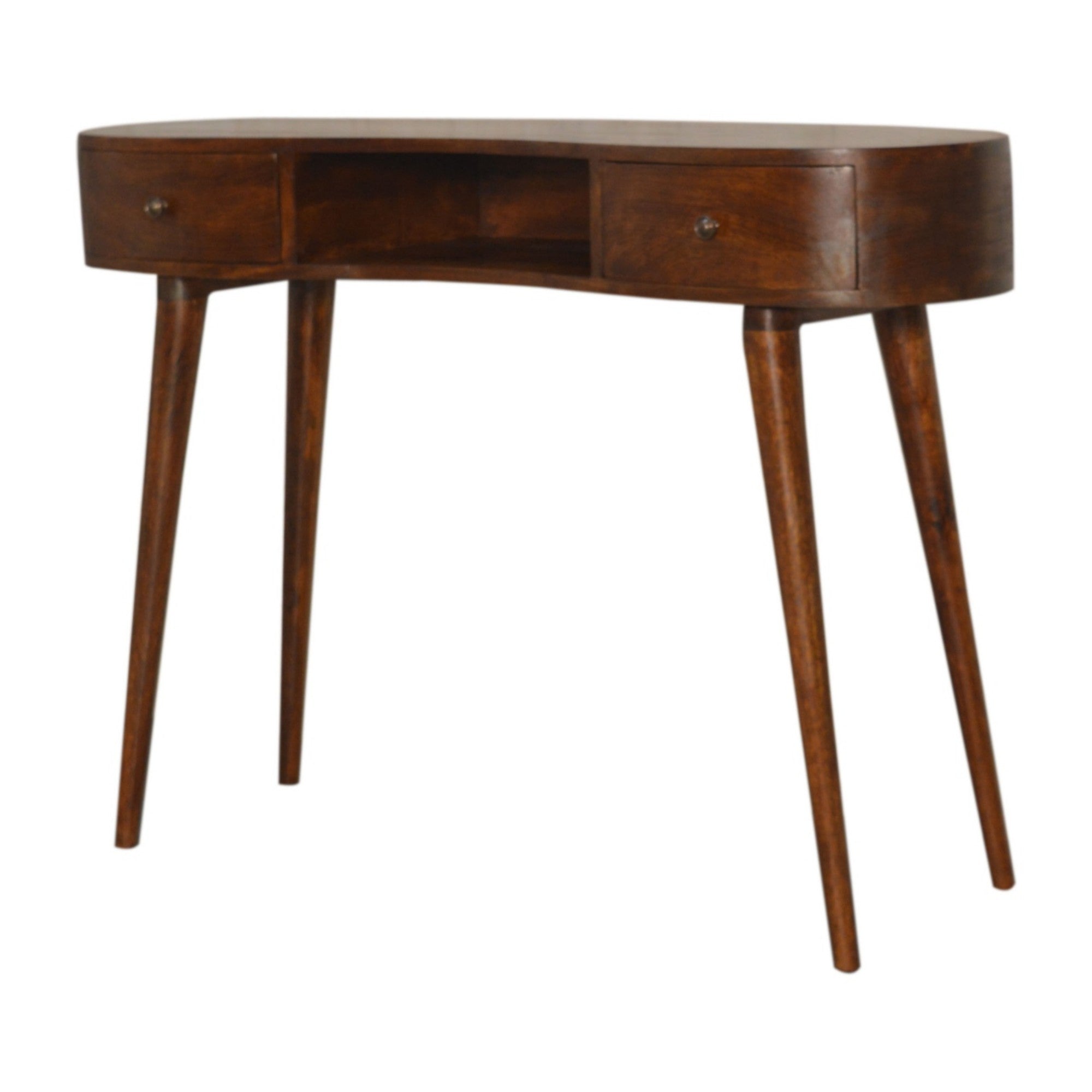 Solid Wood Writing Desk, Chestnut Wave 2 Drawers Open Slot, Dark Brown