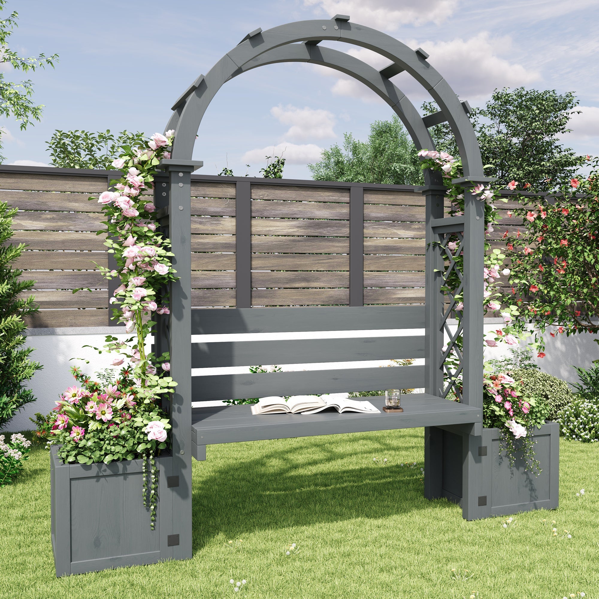 Planter with Trellis and Seating for Garden Yard and Patio, Wood