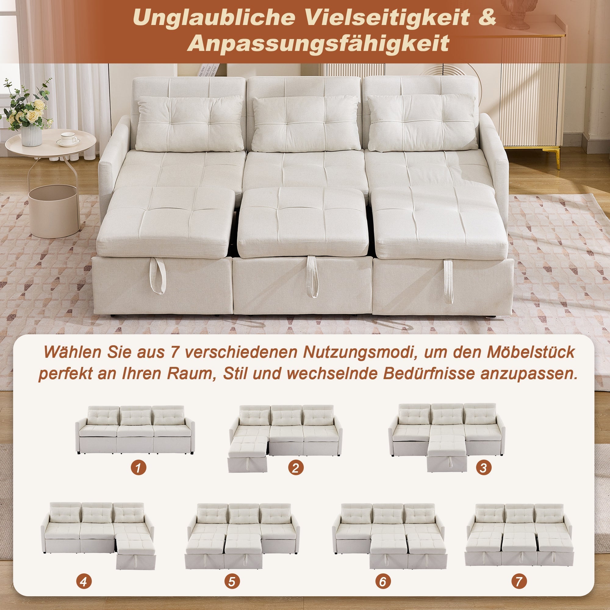 3-Seater Sofa Bed Adjustable Back Storage L-Shape - Beige