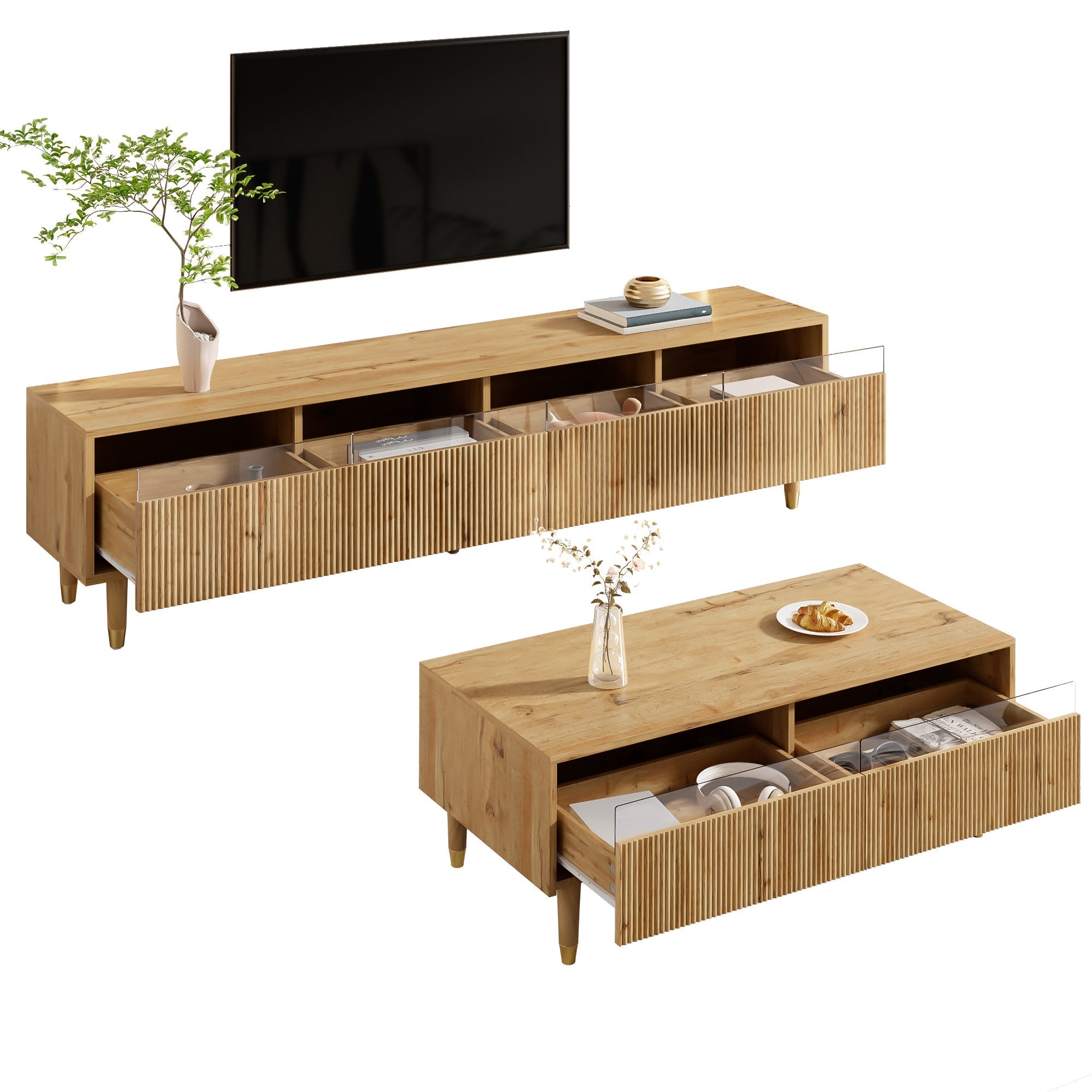 Modern LED Furniture Set: TV Cabinet 4 Doors Coffee Table 2 Drawers, Wood-Gold Design