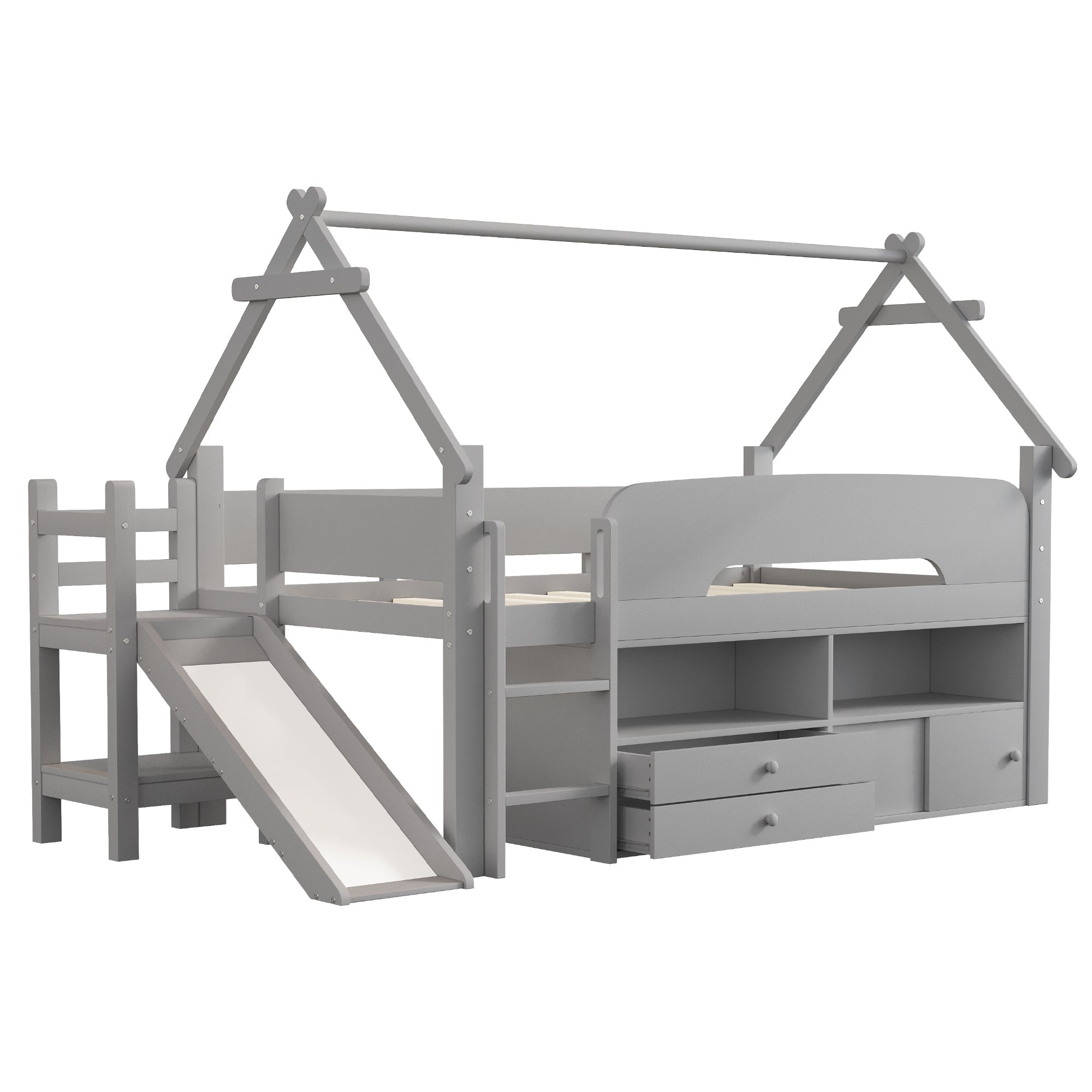 Children's House Bed 90x200cm with Slide Drawers Storage Solid Wood Grey