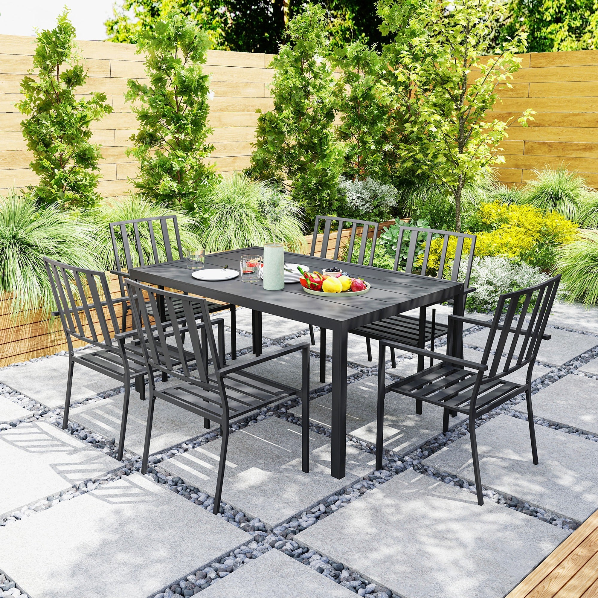Seven-Piece Garden Dining Set with Parasol Hole - Minimal Metal, Black