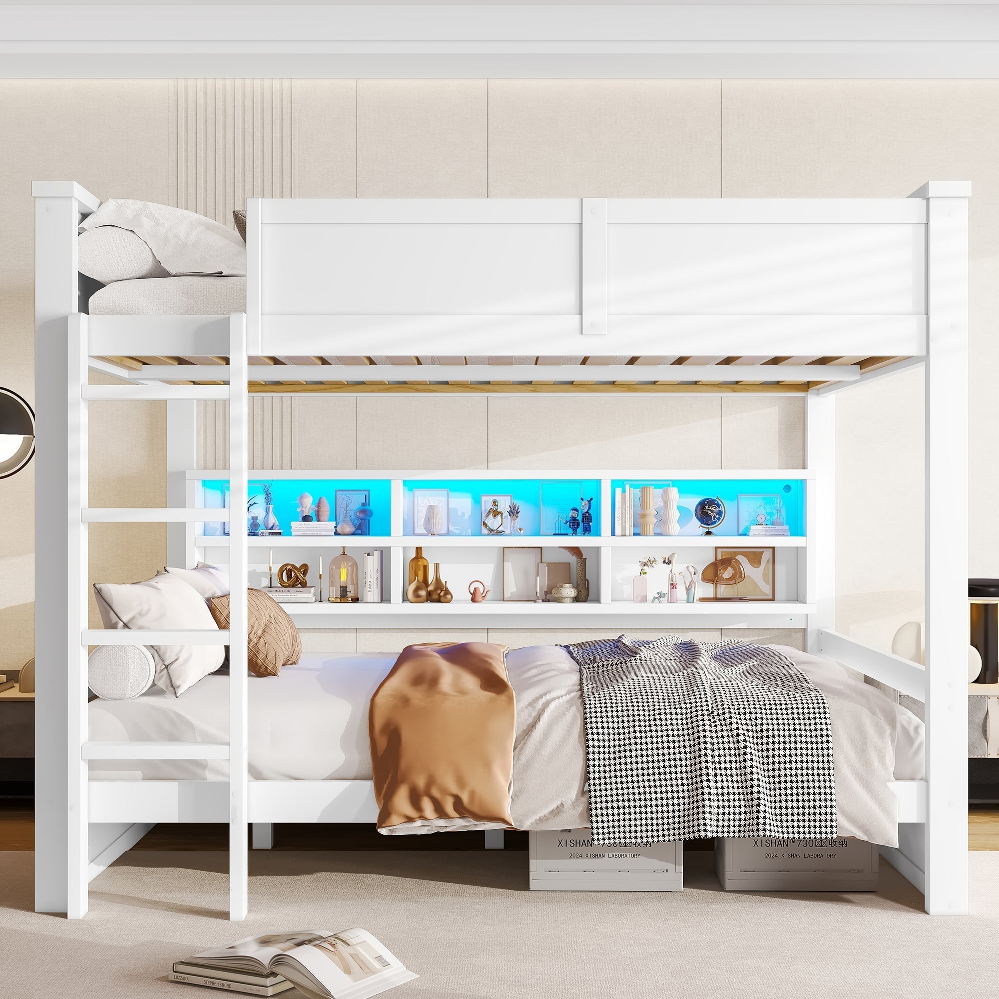 Bunk Bed with Storage Cabinets and LED Light, 160x200cm, White