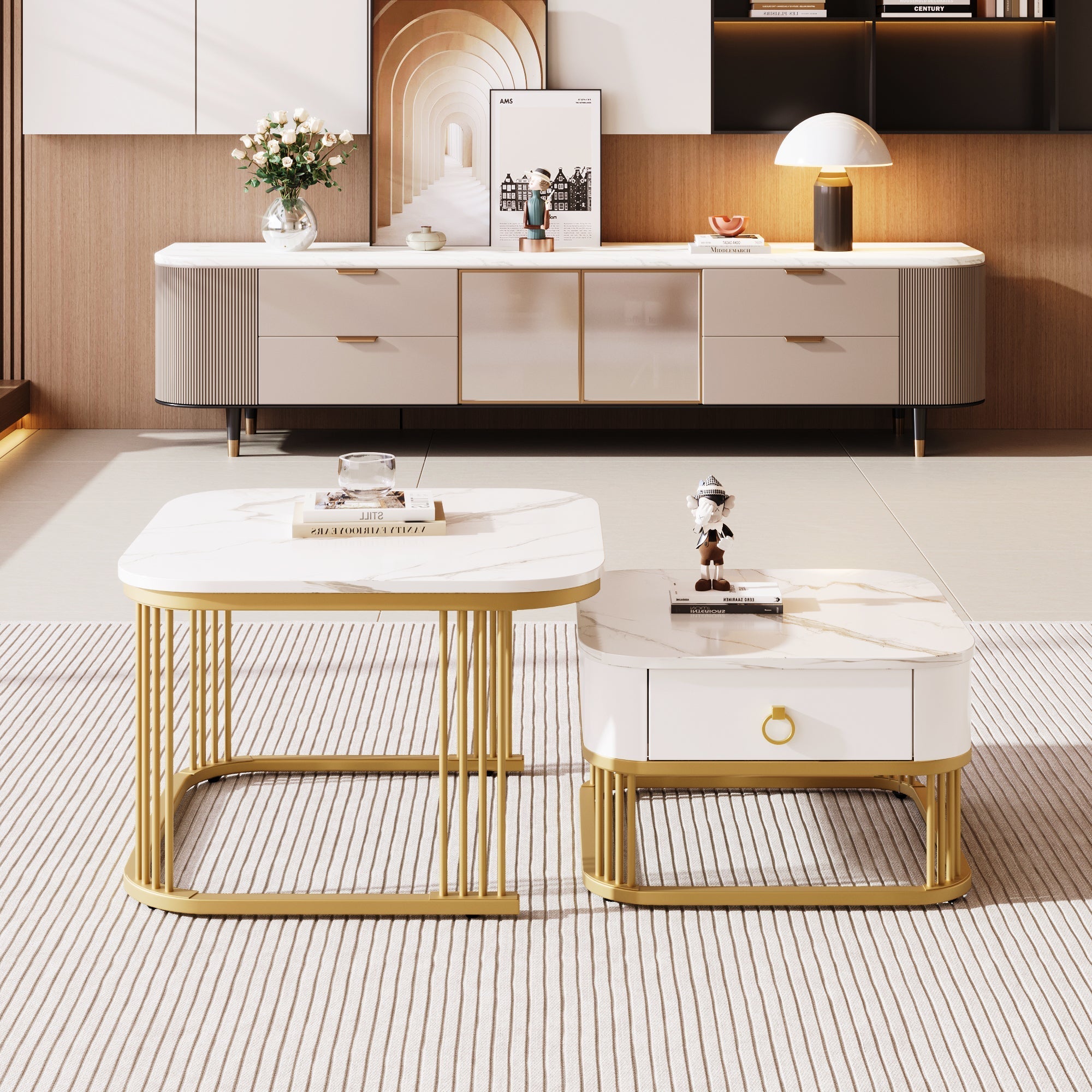 Nestable Coffee Table: High Gloss Marble Exterior, Gold Accents, Side Table with Drawer. Set of Two