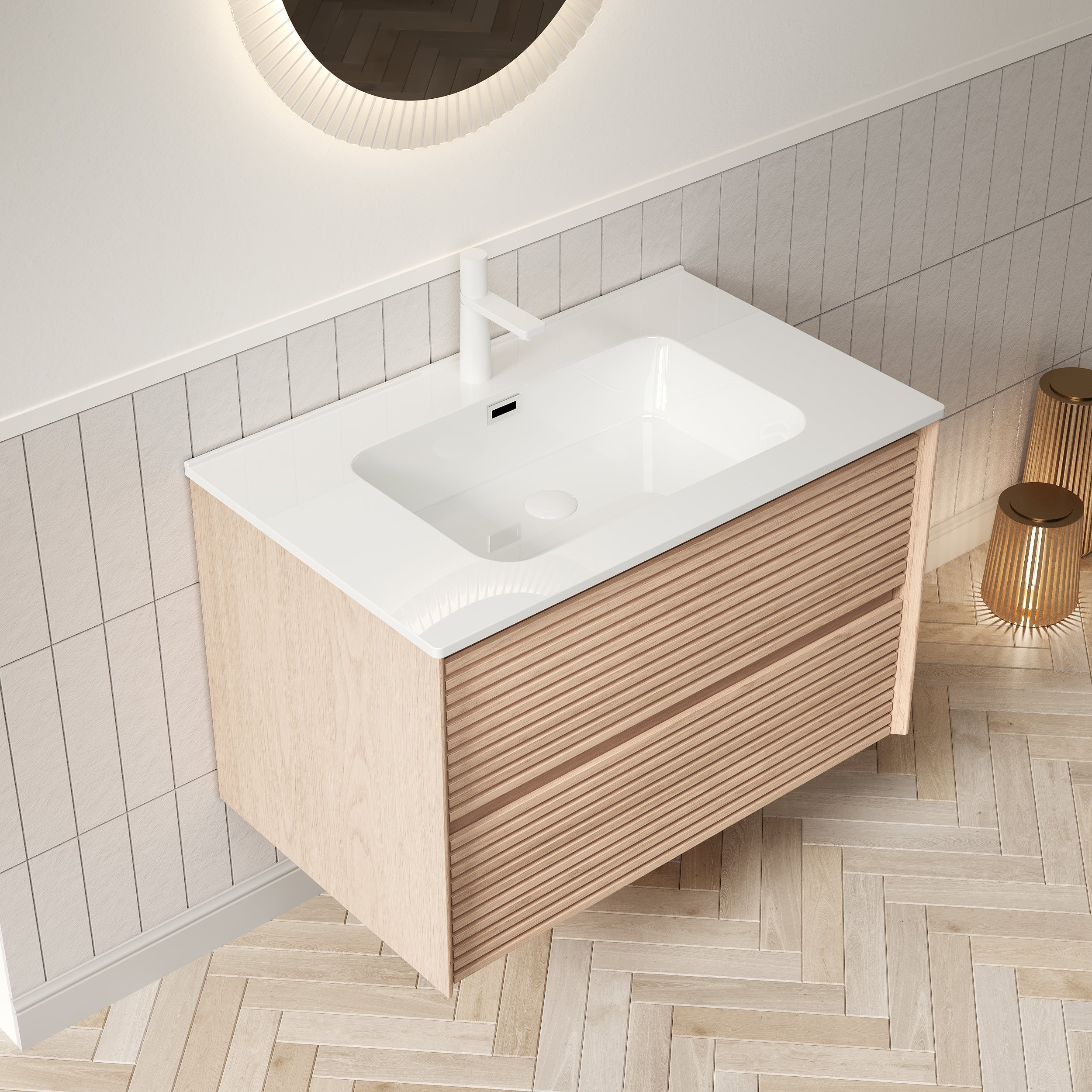 BRON Wall Mounted Vanity 81cm Ceramic Undermount Basin 2-Drawer Cinnamon Walnut Wood Grain