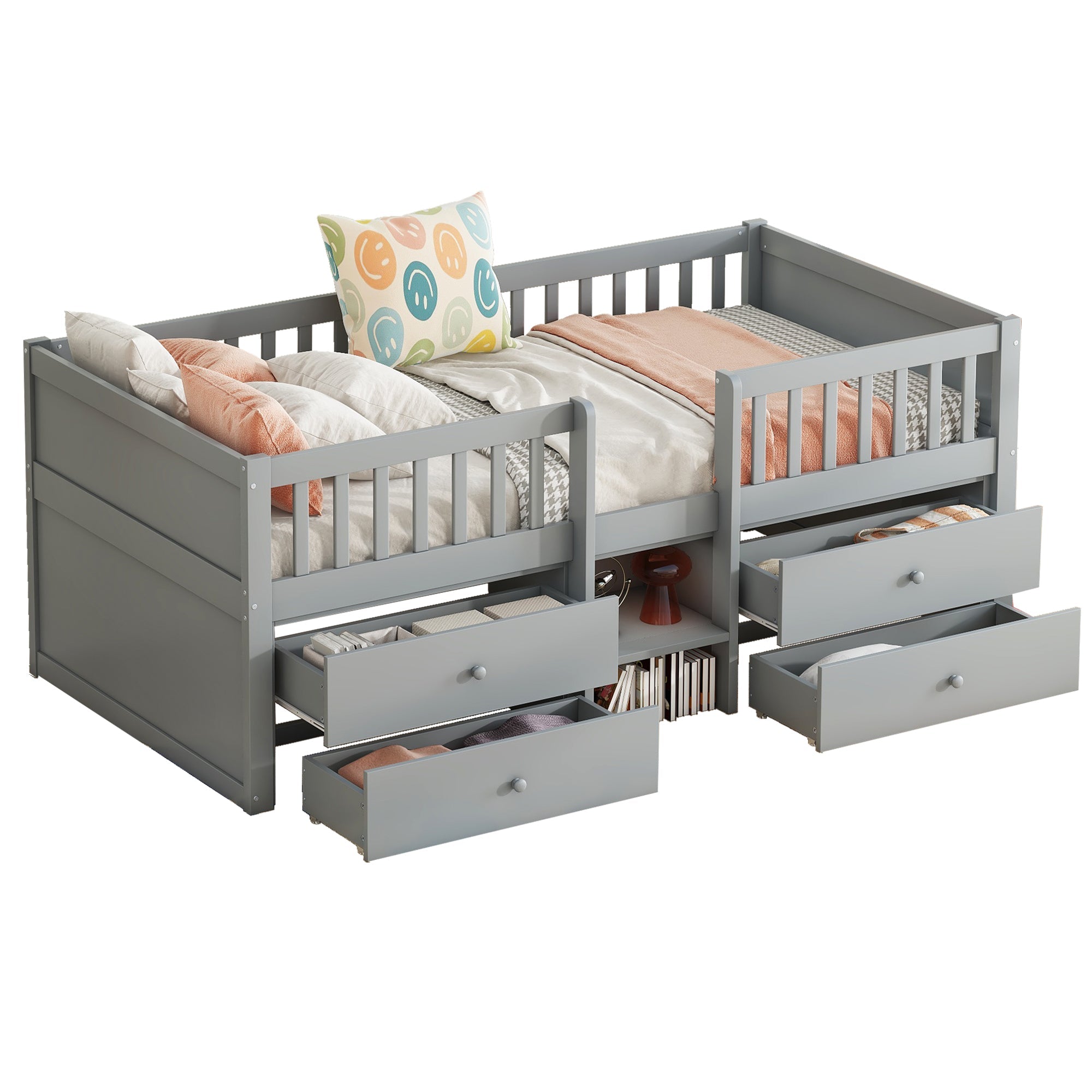 Mid-height Bed 90x200cm 4 Drawers Ladder - Pine Wood Grey