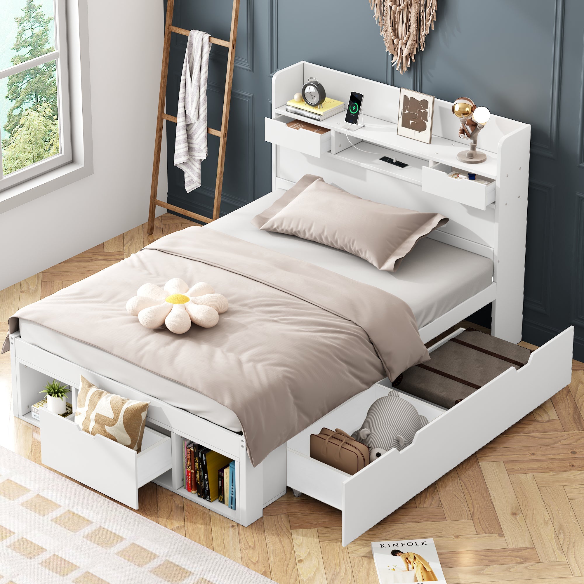 Single Bed Multifunctional 90x190cm with USB Port Drawer & Large Storage White