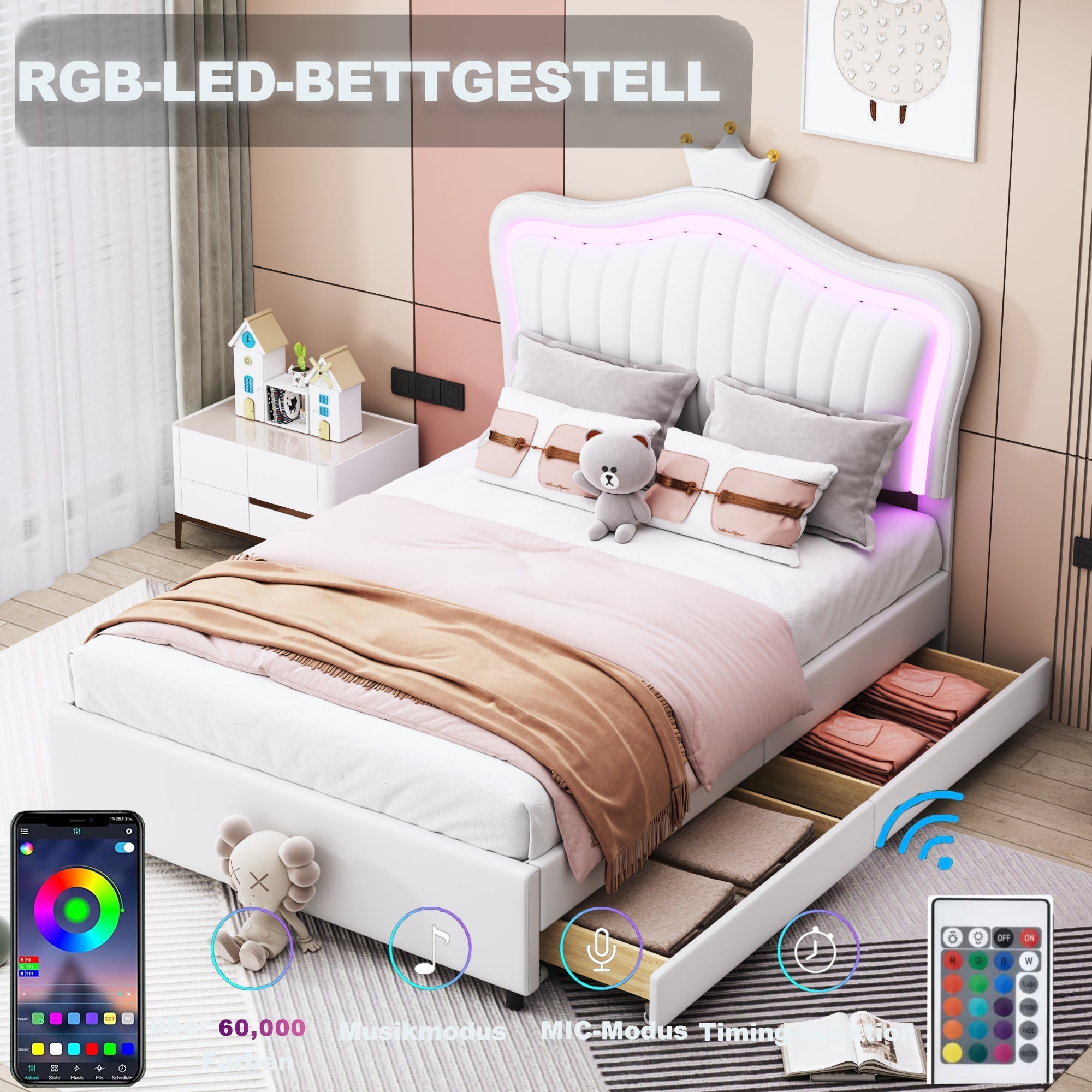 Children's Bed Upholstered Single Crown Girl's with Storage Drawers & LED Lights, White PU Leather