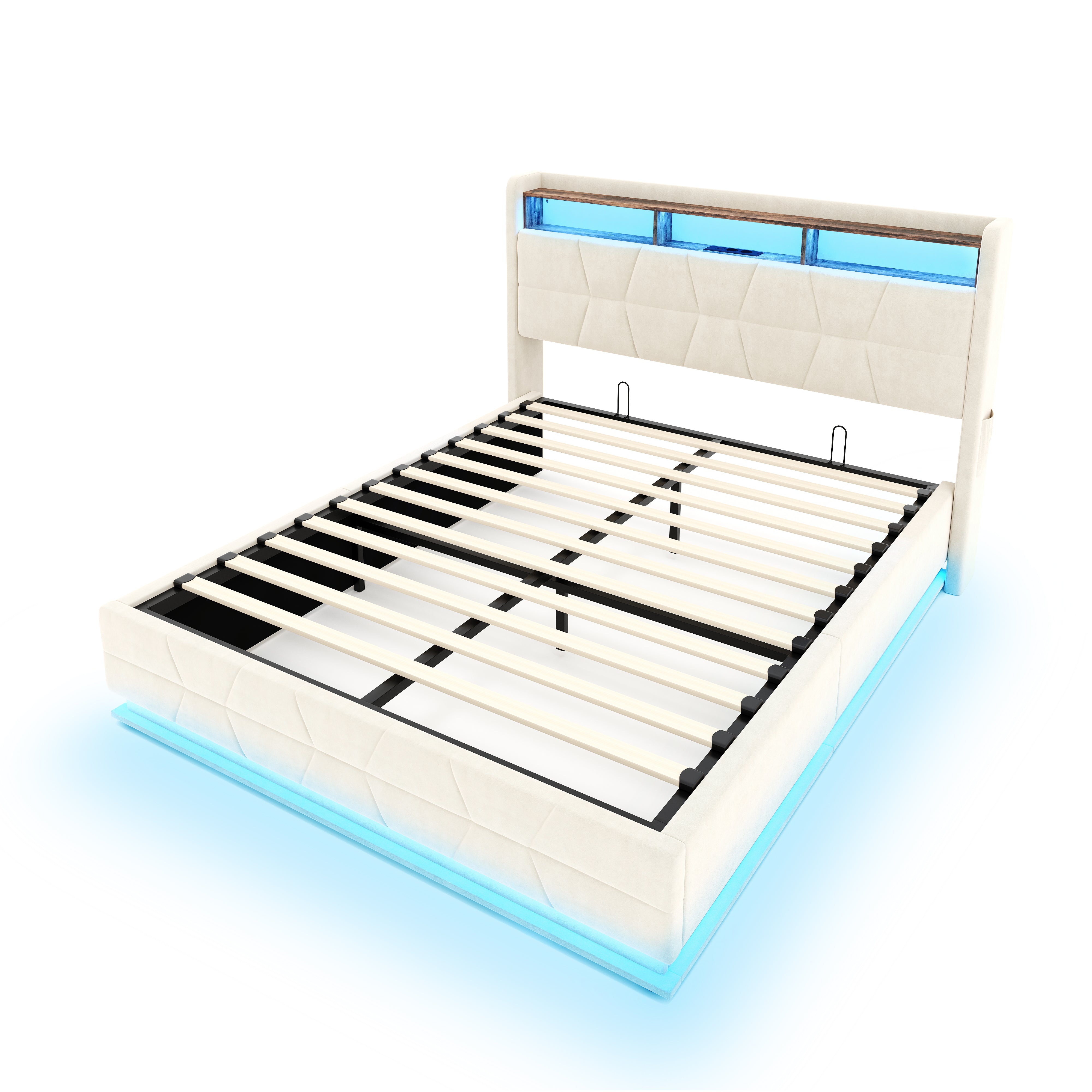 Multifunctional Bed with LED, Charging Station and Storage, Beige