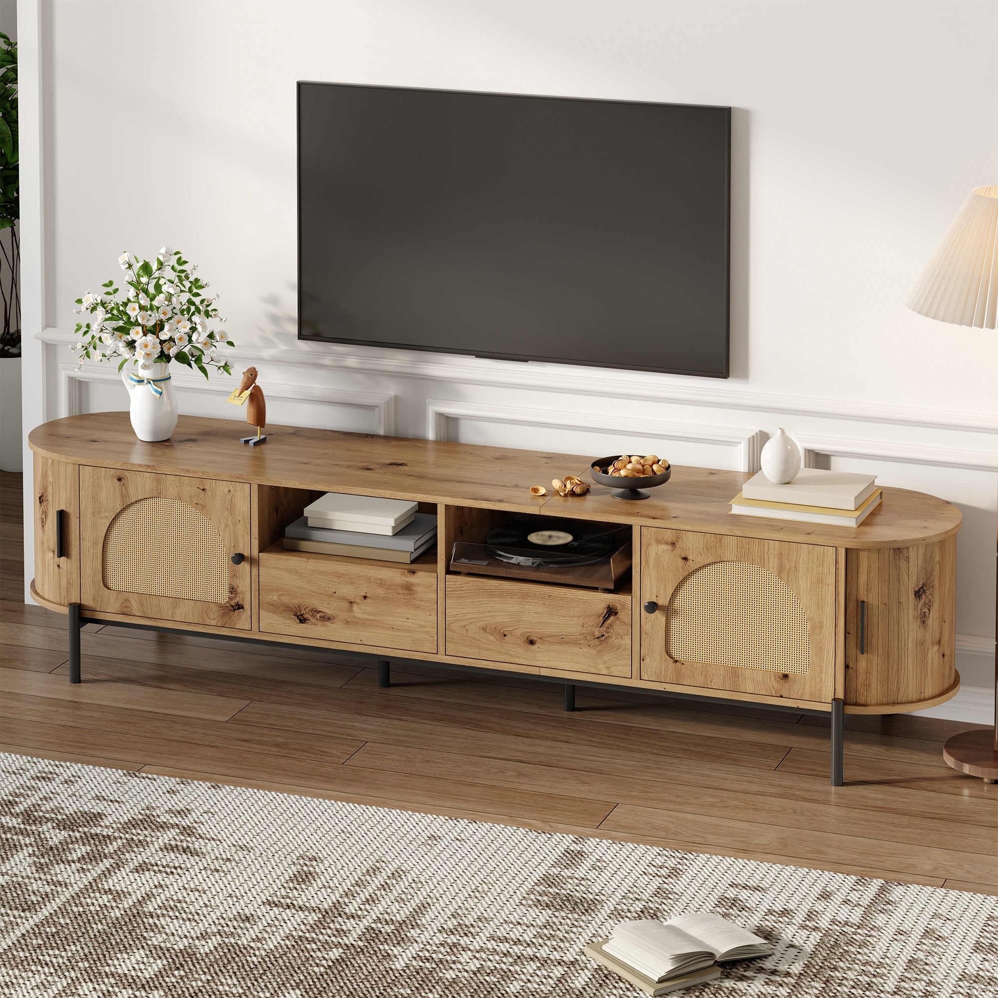 Oval TV Cabinet with Sliding Doors and Drawers, Wood Look and Rattan