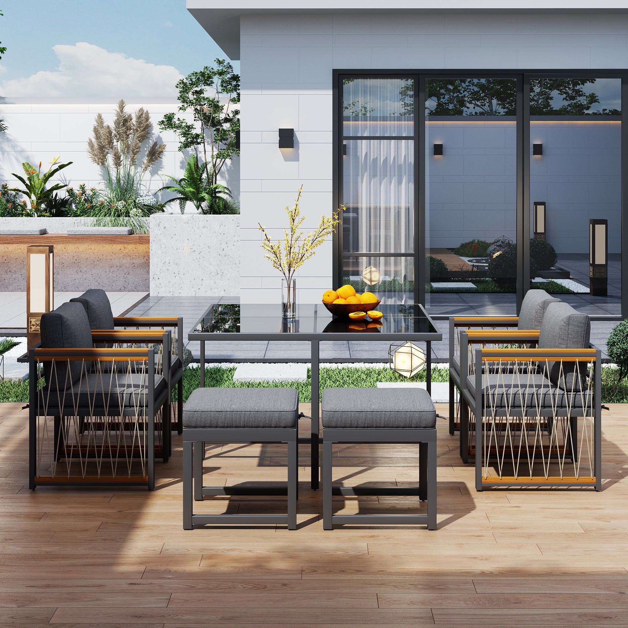 7-Piece Outdoor Dining Set for 6, Tempered Glass Table, Acacia Wood