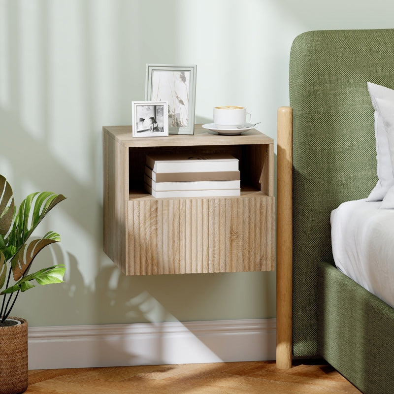 Nightstand Handleless Wall-Mounted Drawer & Open Compartment Light Brown