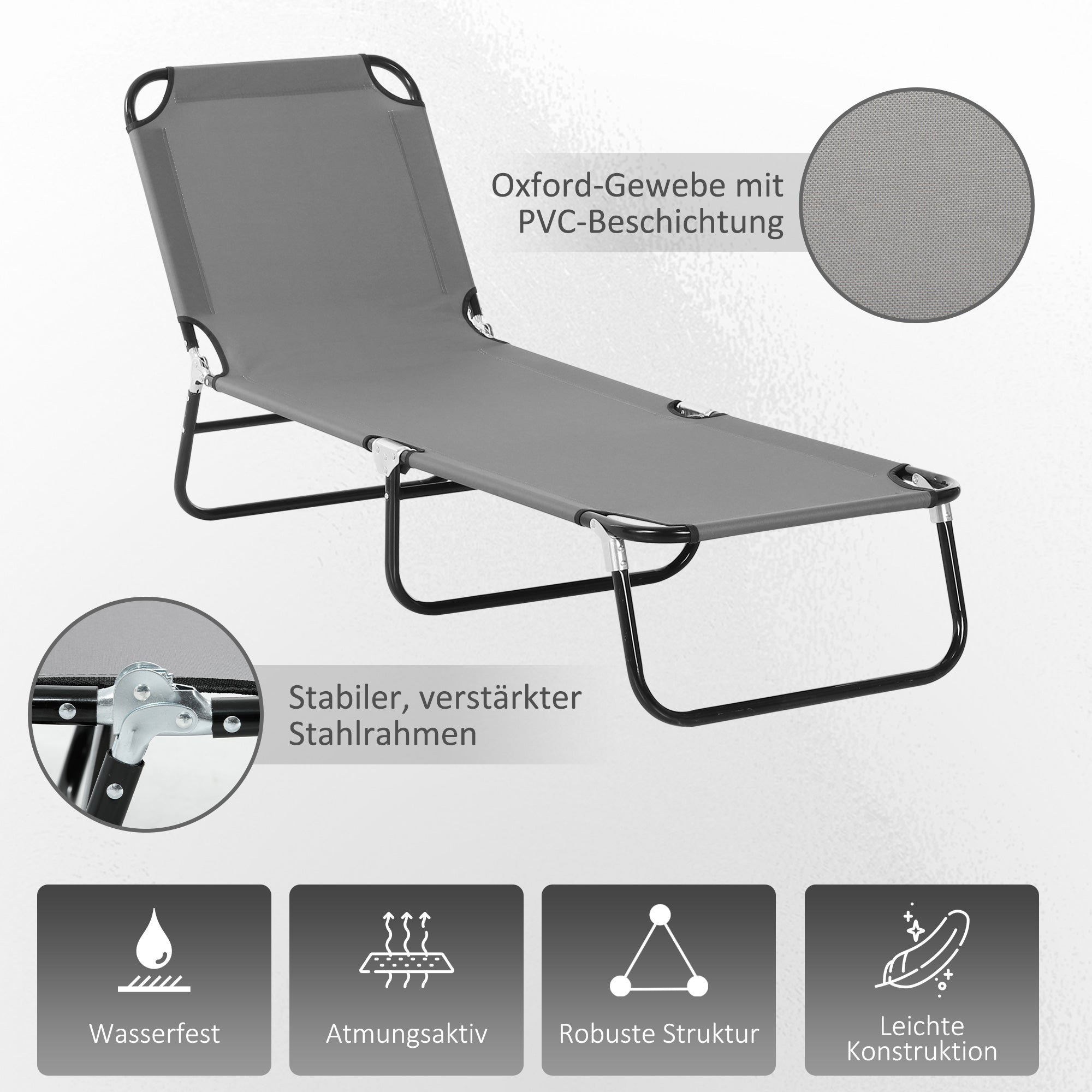 Sun Lounger, Adjustable Backrest Camping Deck Chair, 188x56x28cm Steel