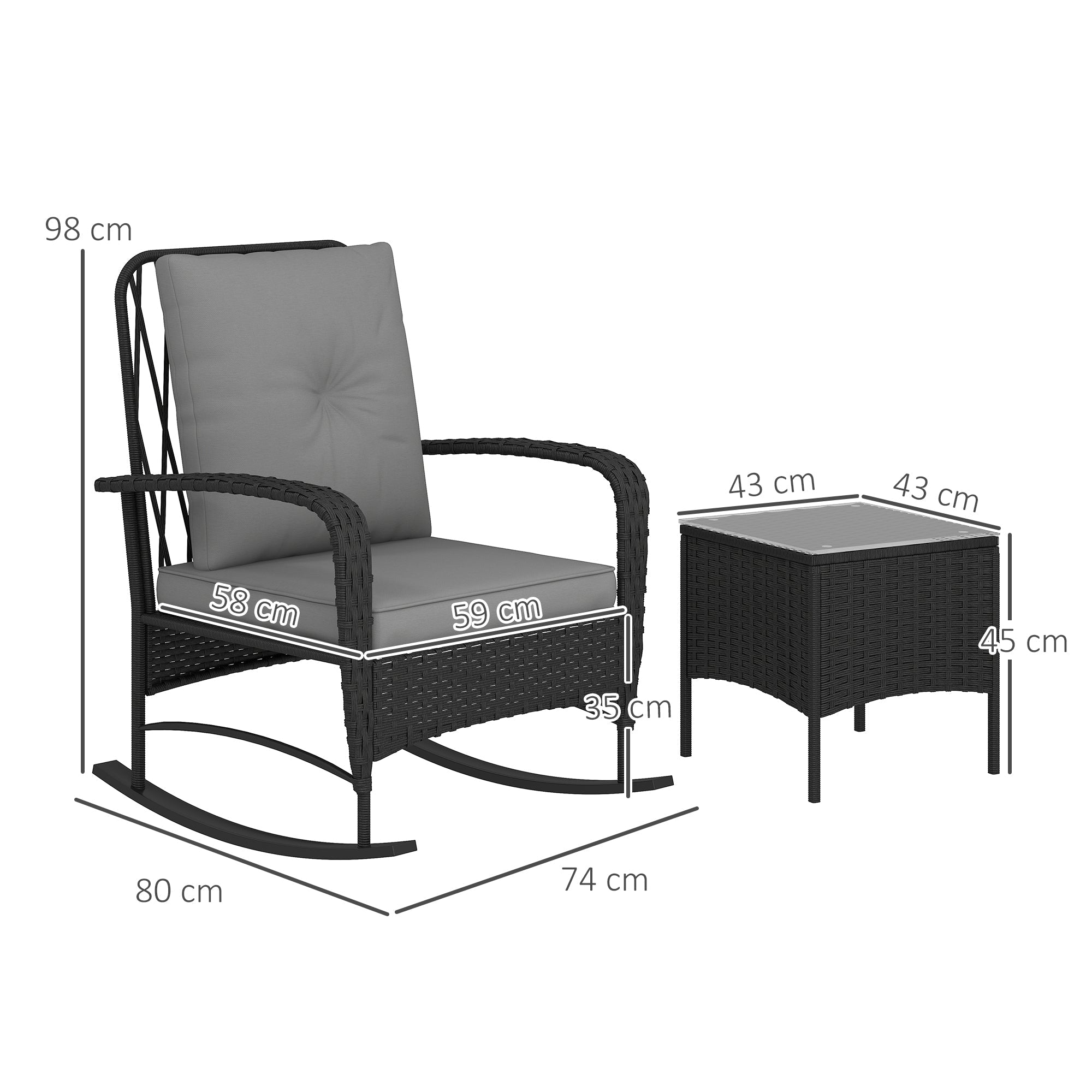 Three-Piece Bistro Set, Rocking Chair Rattan, Black