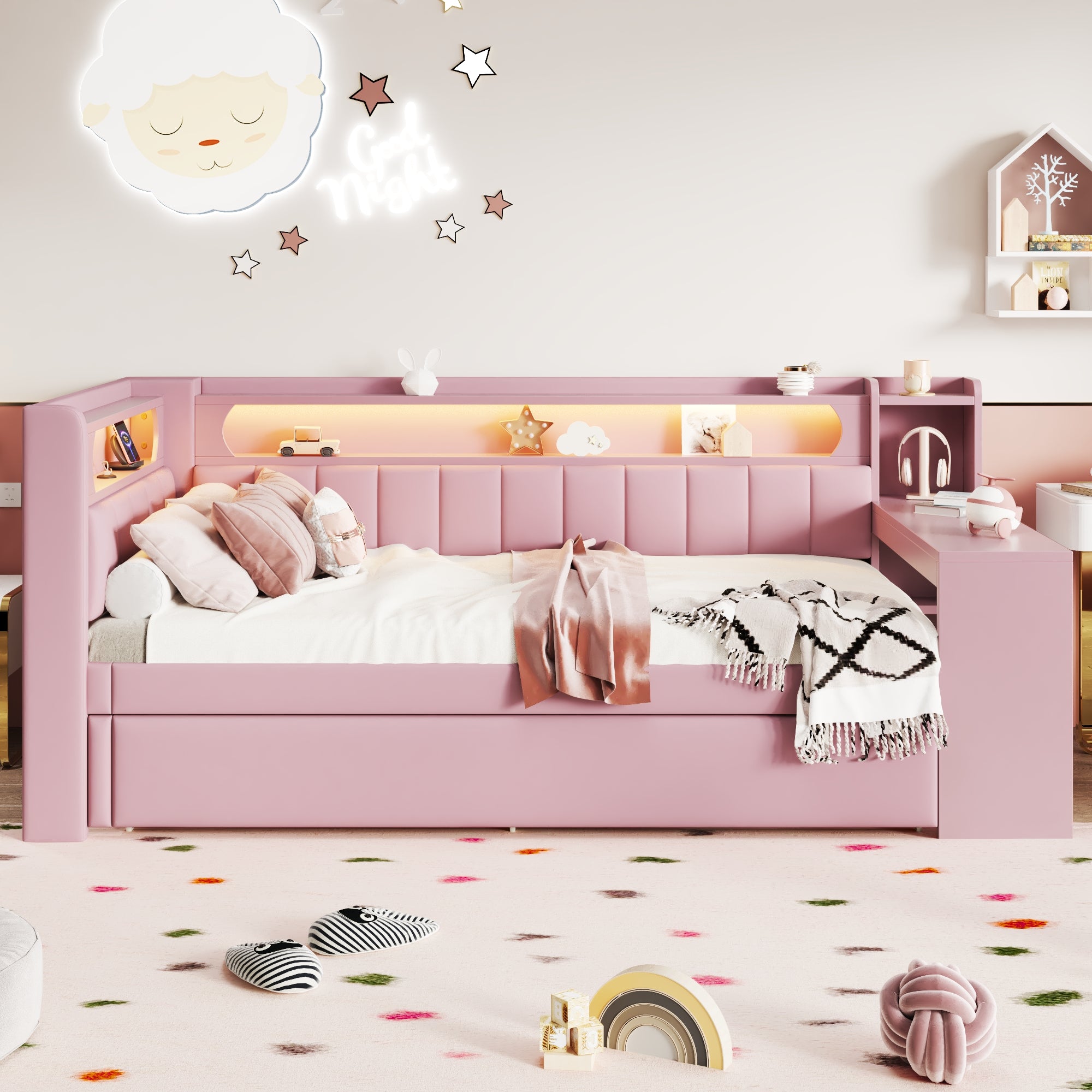 Upholstered Daybed with USB, LED, Pull-out Bed and Desk, 90x200cm, Pink