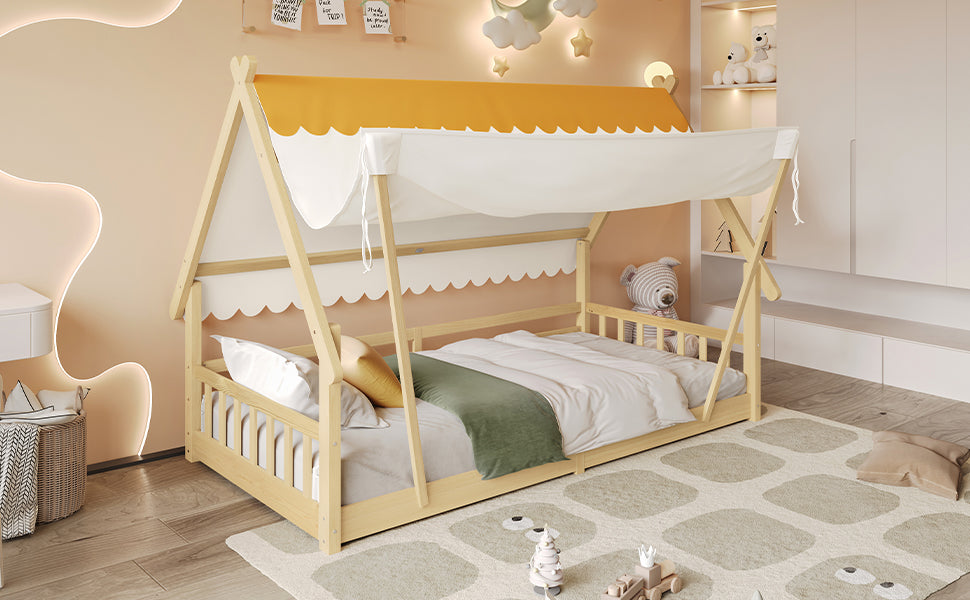 Children's Bed Single, Wooden House Design, Removable Tent, Safety Railing, Pine + Plywood, Natural, 90x190cm