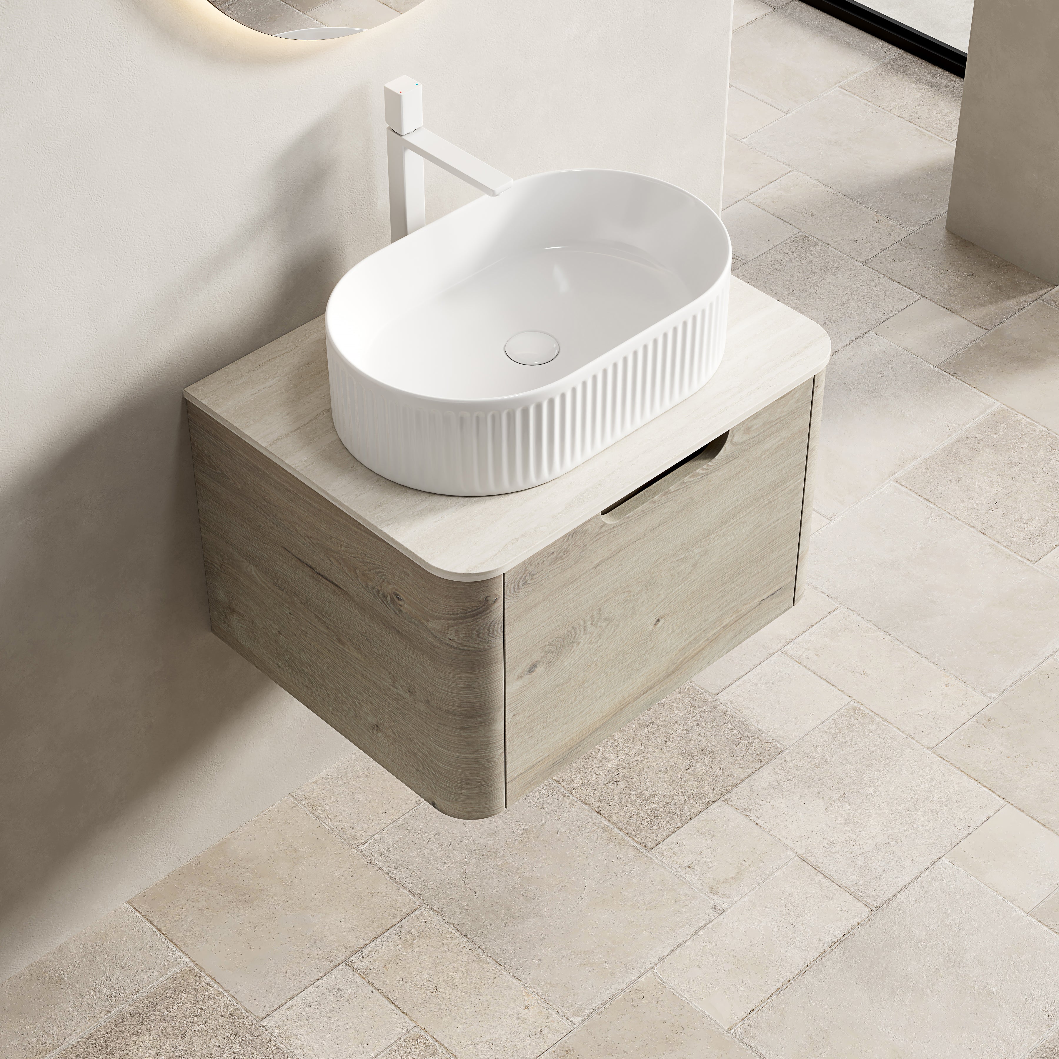 Floating Bathroom Vanity Unit with Oval Sink and Sintered Stone Top, Oak Cream Wood Grain