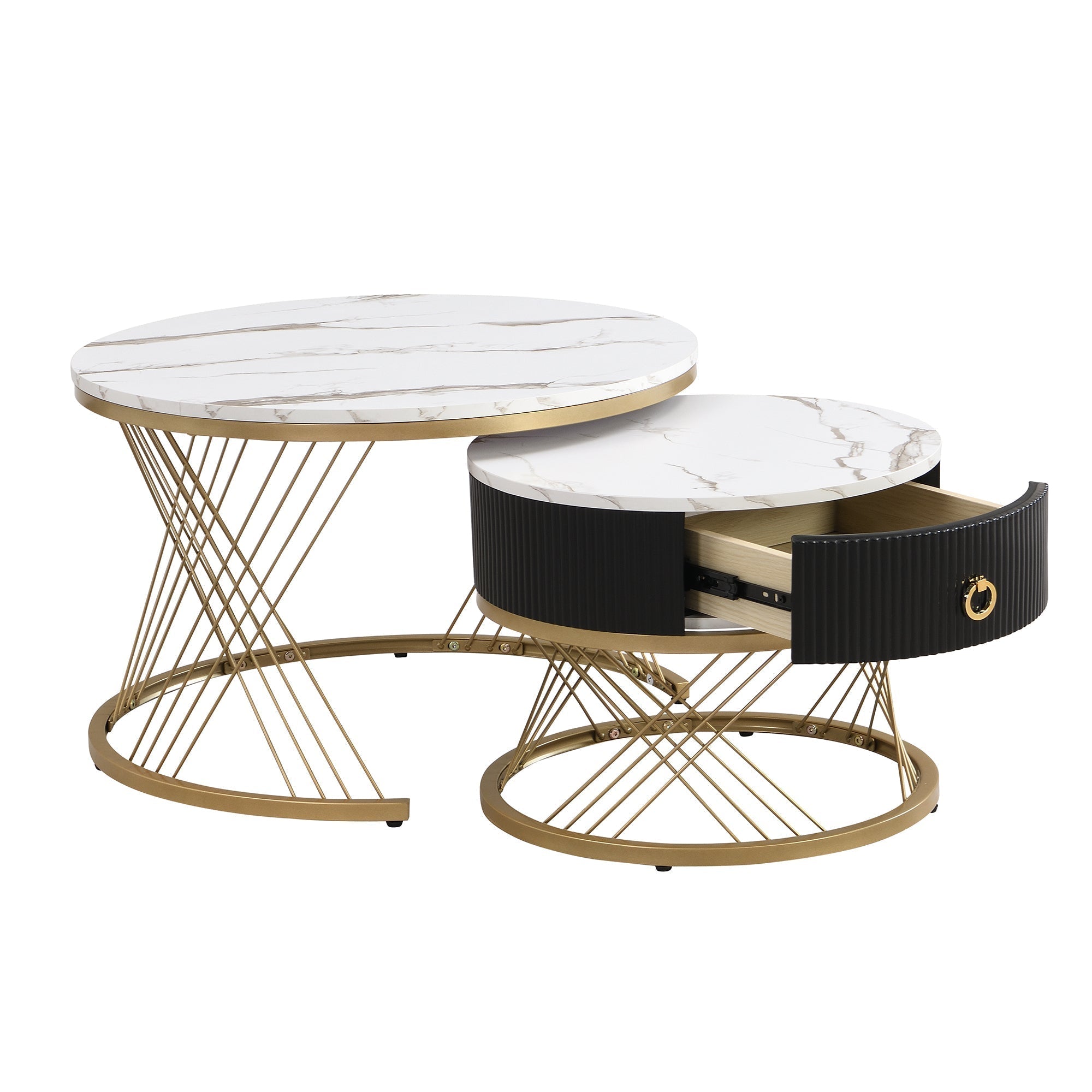 Modular Coffee Table Set of 2, Marble Look Drawers Gold Decor