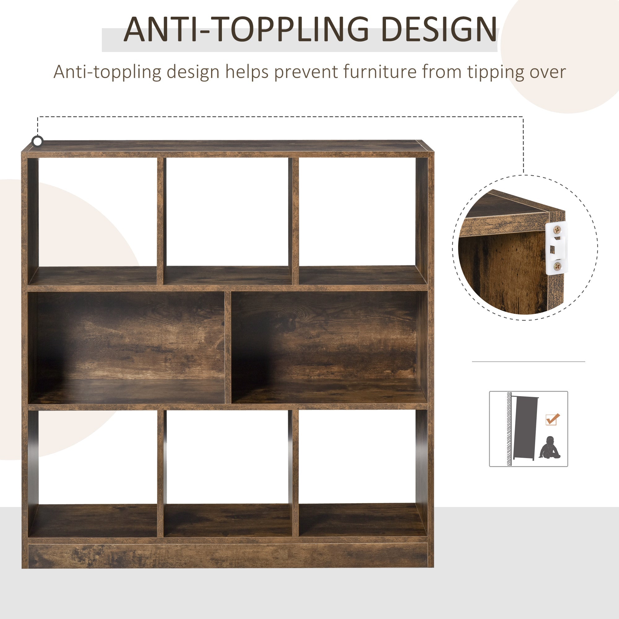 3-Tier Bookcase Storage Shelf Unit with Open Compartments, Rustic Brown