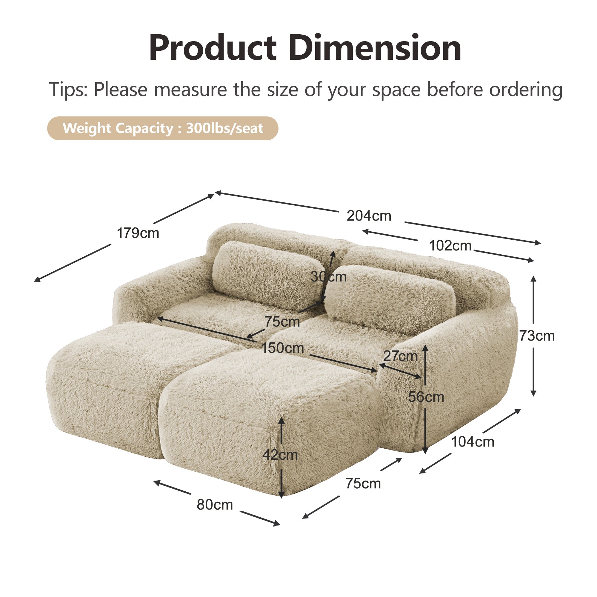 Boneless Cloud Modular Sleeper Sofa with 2 Ottomans - Soft Plush Light Khaki