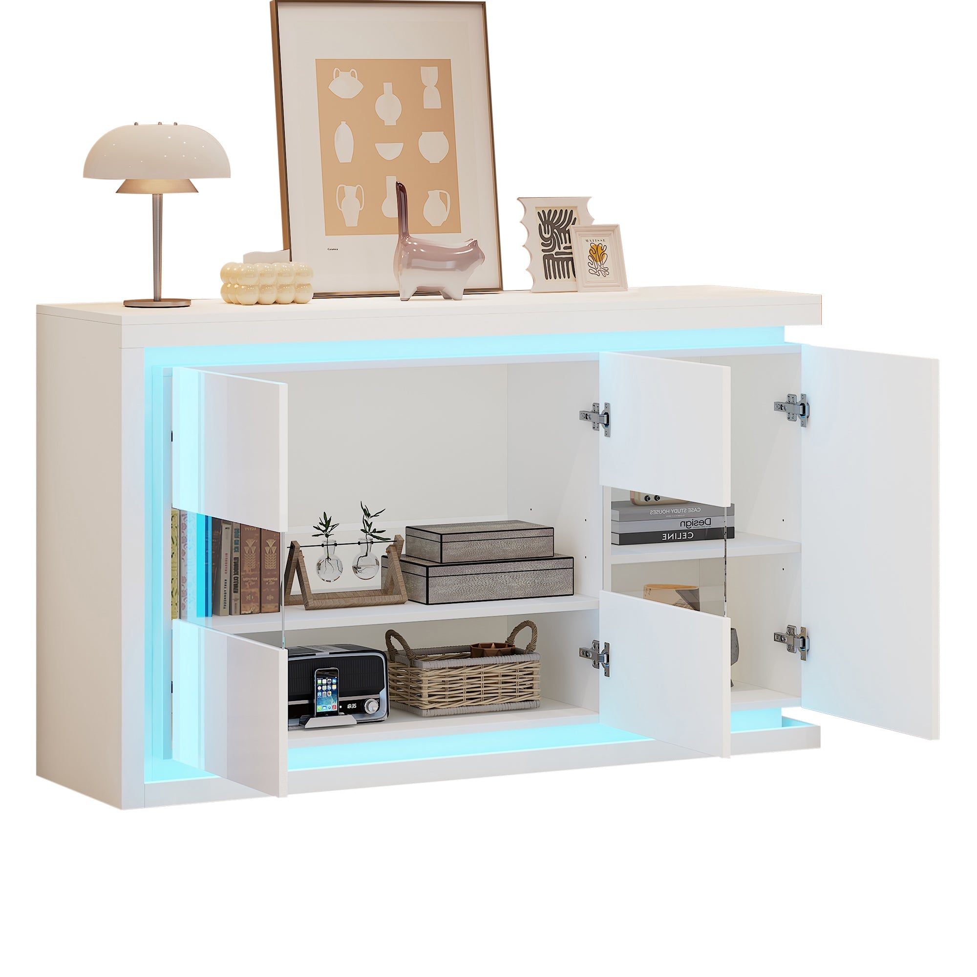 Living Room Cabinet, 140cm, 4 Compartments, High-Gloss, LED, Tempered Glass Doors