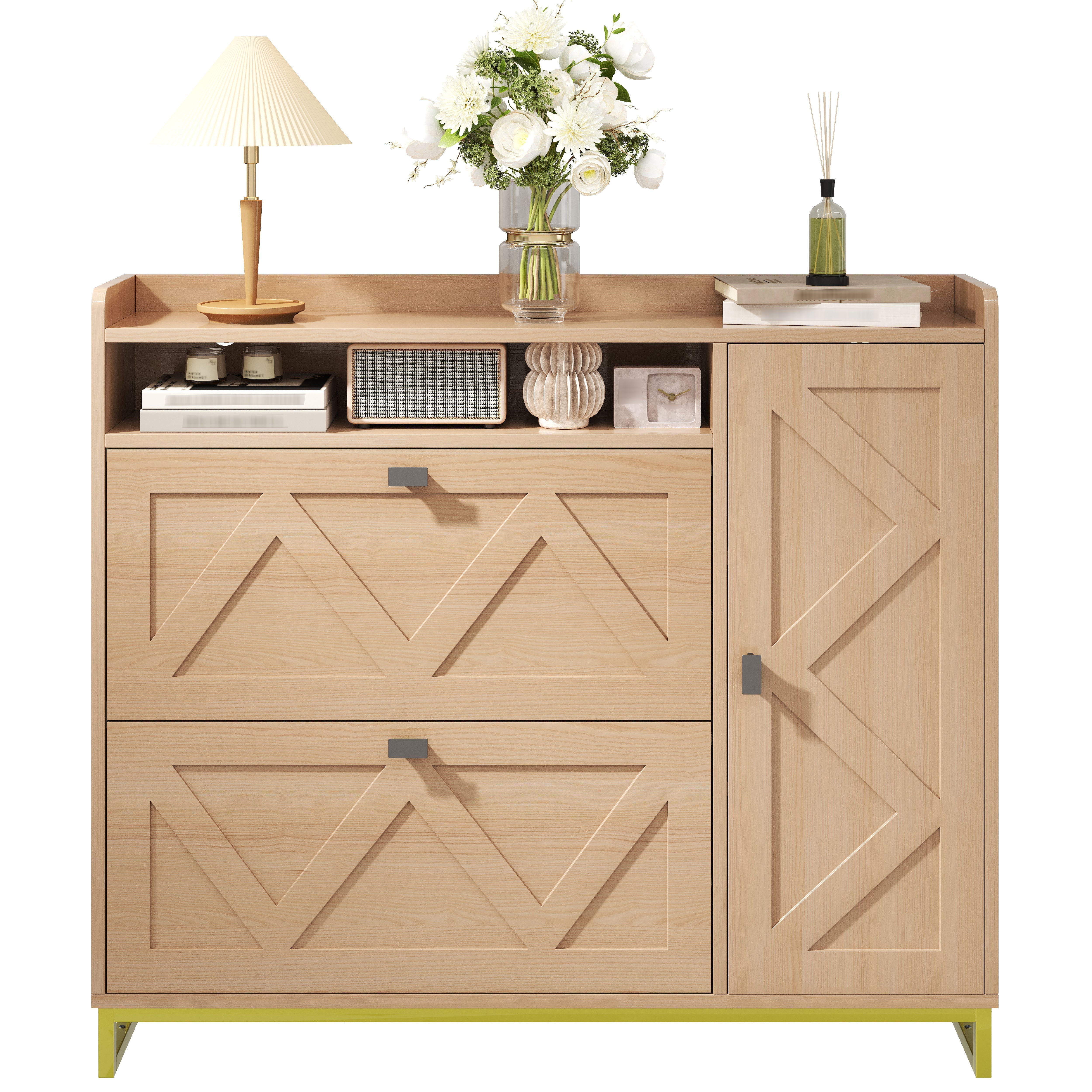 Shoe Cabinet with Double Hinged Lid, Side Cabinet and Geometric Doors, Metal Frame