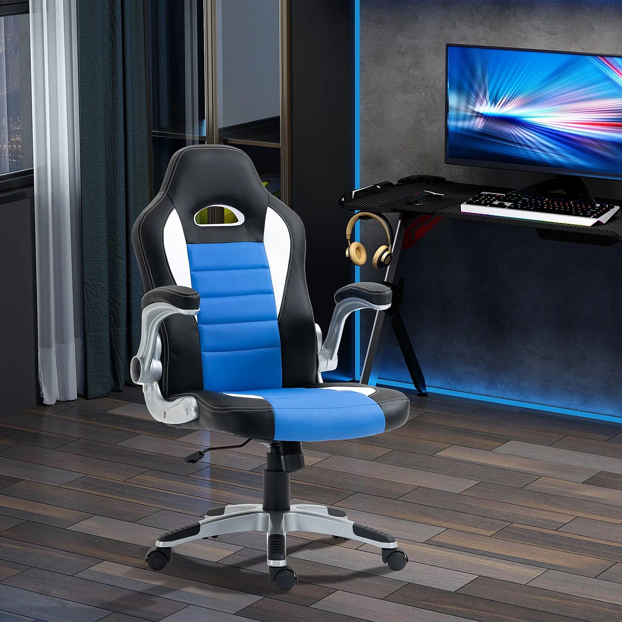 Computer Gaming Chair Swivel with Flip-up Armrest, Adjustable Height, PU Leather Blue