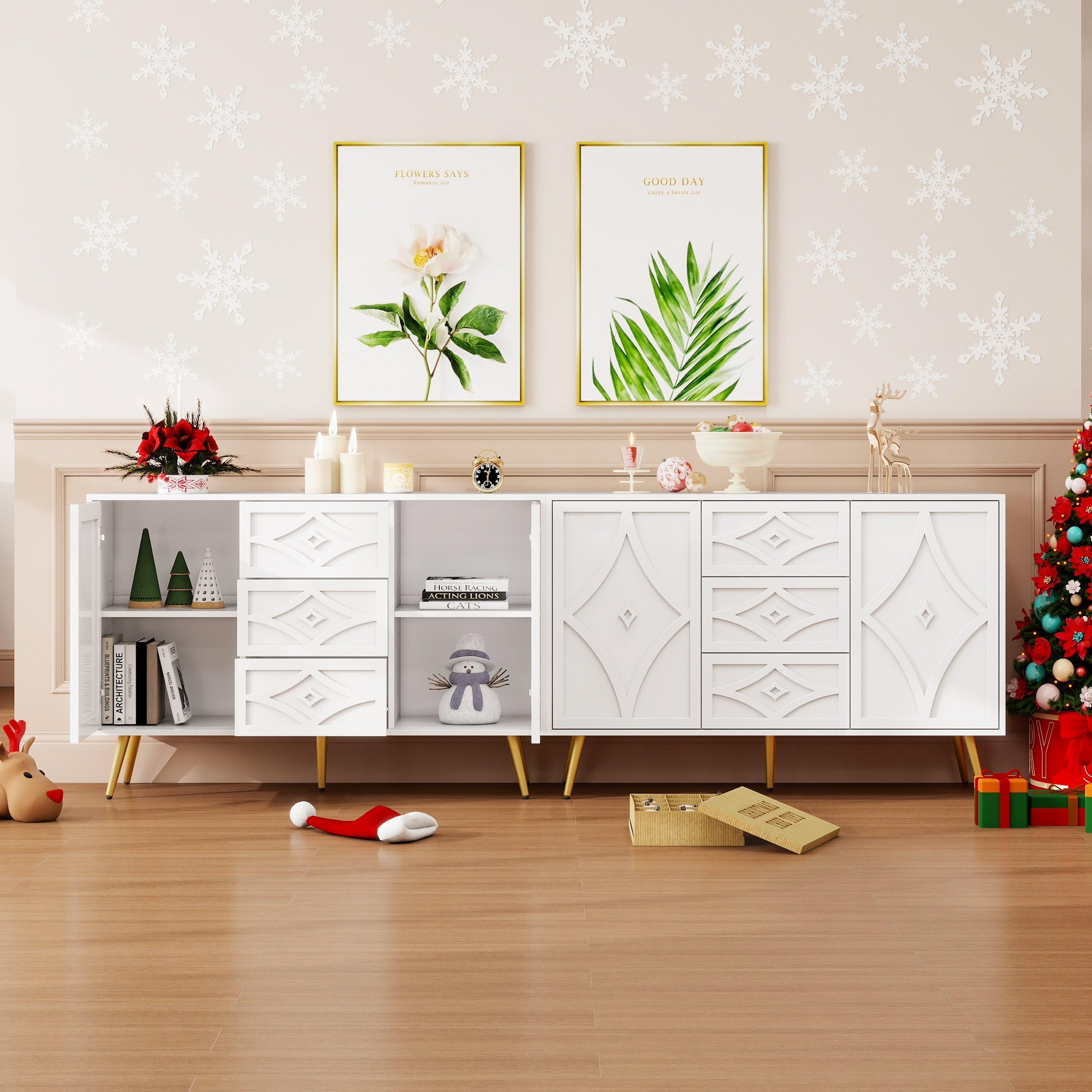 Chest of Drawers, Diamond Pattern with 3 Drawers & 2 Doors, Gold Feet White