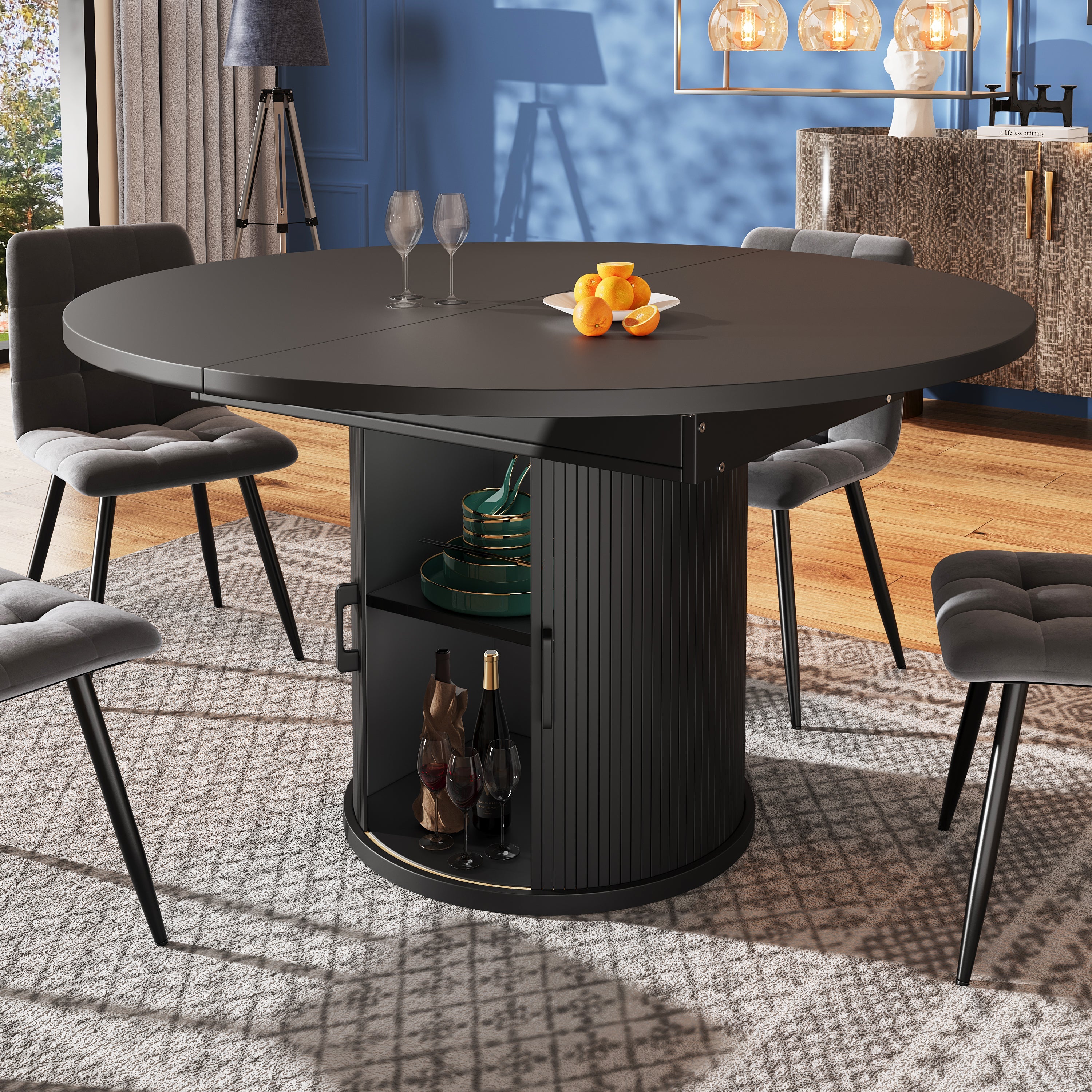 Round Extendable Dining Table, 118-158 cm Oval Tabletop for 6 People, Walnut and Black