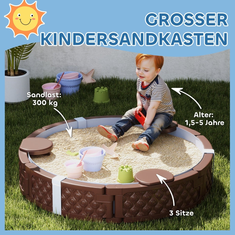 AIYAPLAY Sandpit Sandbox with 3 seats, waterproof base, weather-resistant protective cover, for 1.5-5 year old children, dark brown