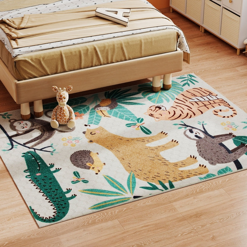 Fleece Rug Jungle Pattern Easy Care, Cream White/Multicolored