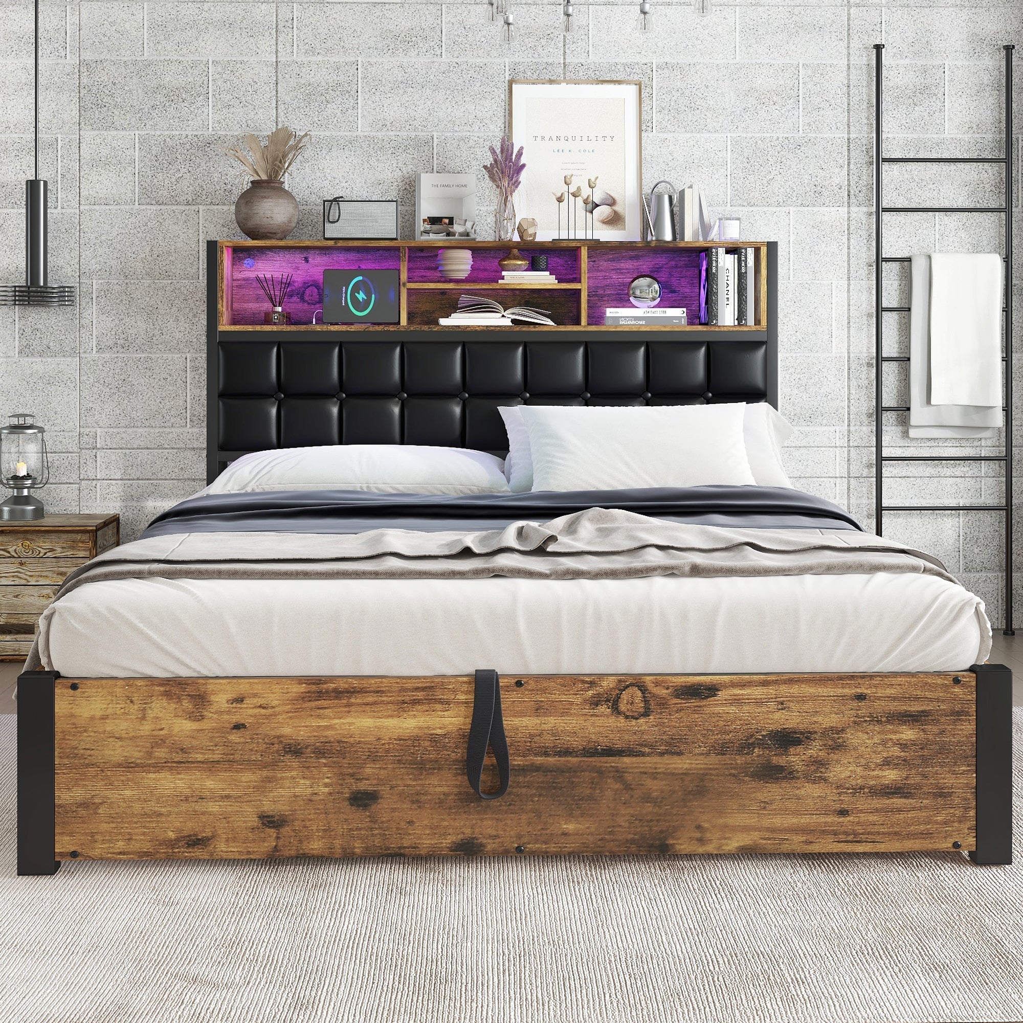 Hydraulic Bed with Charging Port, LED Light & Storage, 4ft6 Double, Black + Wood