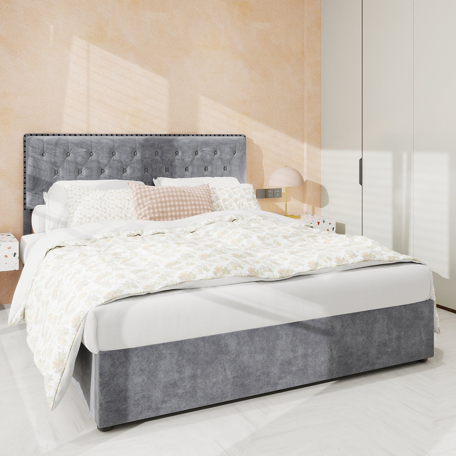 Modern Minimalist Soft Bed, Comfortable Headboard, High Box, 140x200CM, Gray