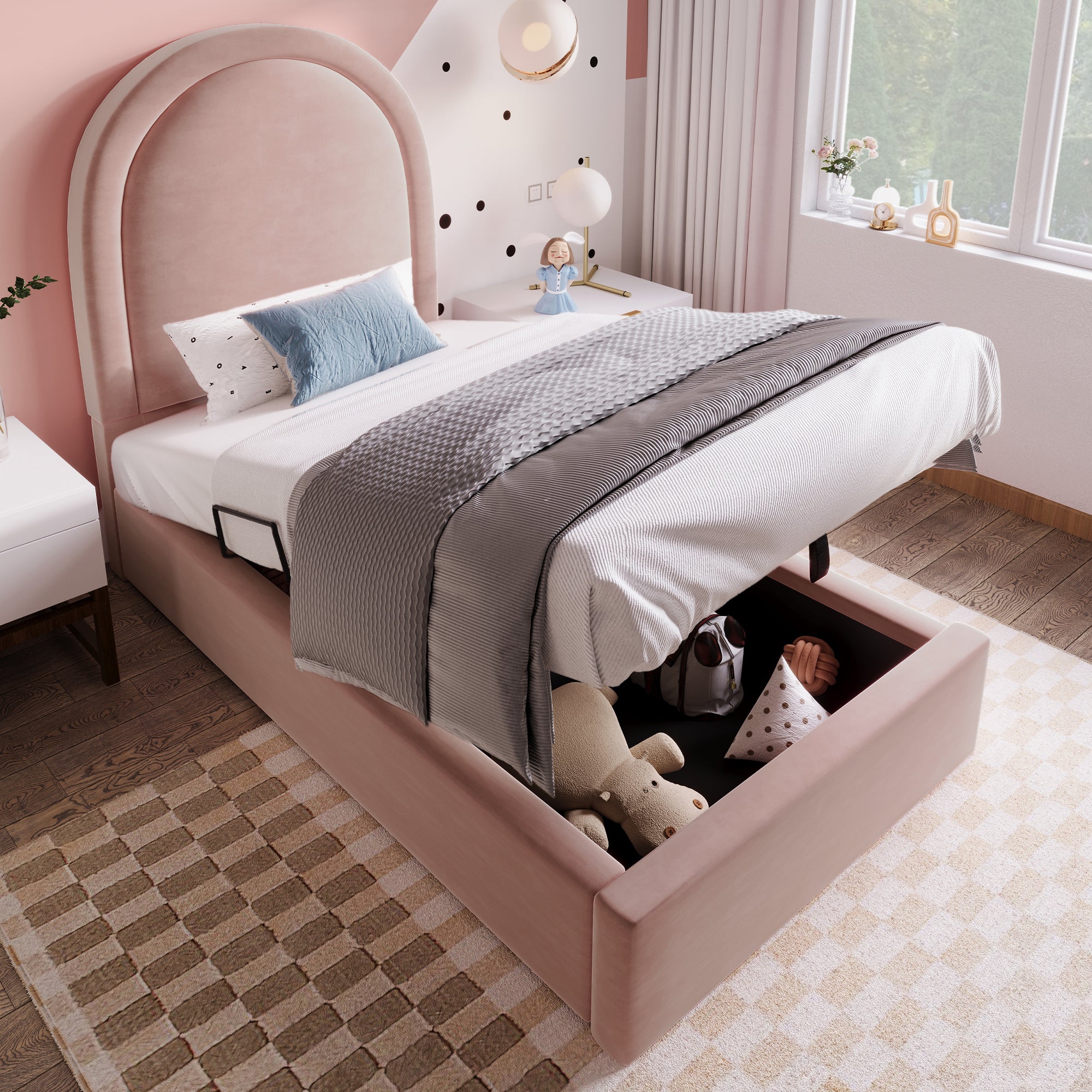 Upholstered Children's Bed, Single 90 x 200 cm, Pink Velvet