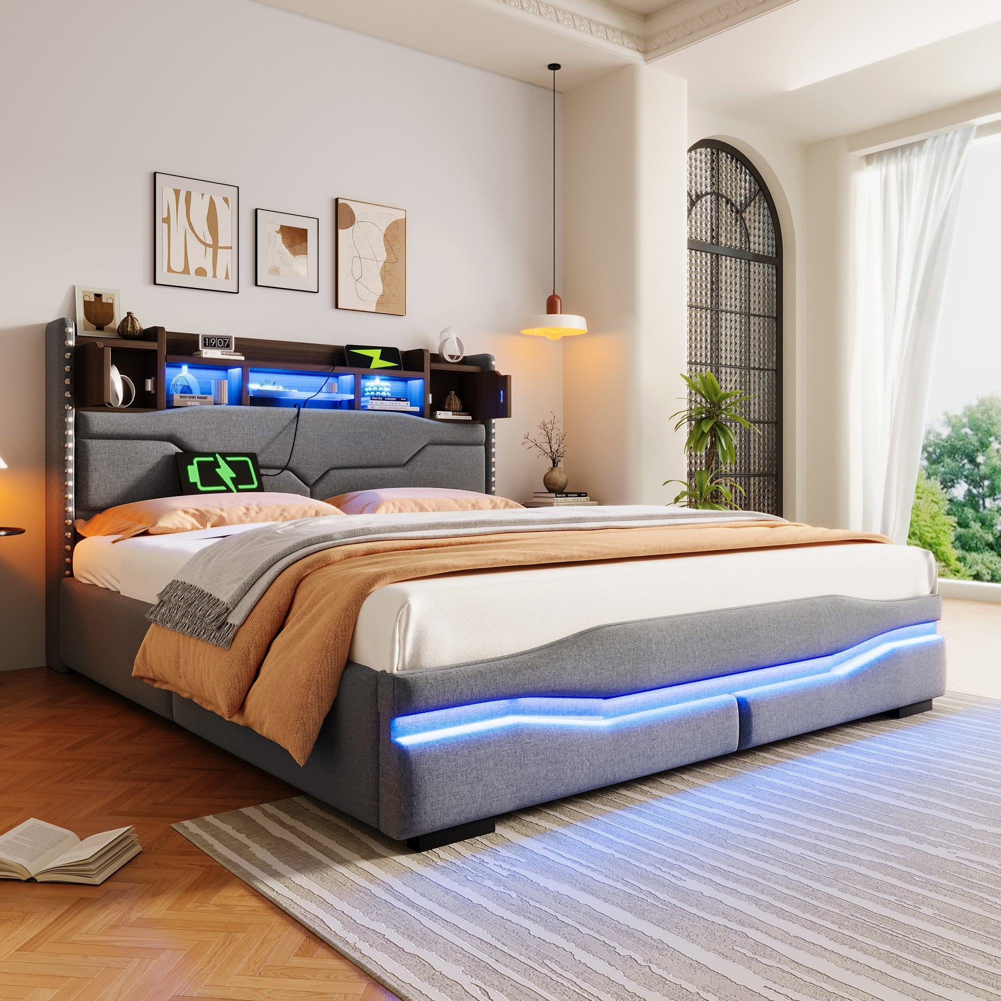 Upholstered Bed 160x200cm Hydraulic Storage LED USB-C Headboard Grey