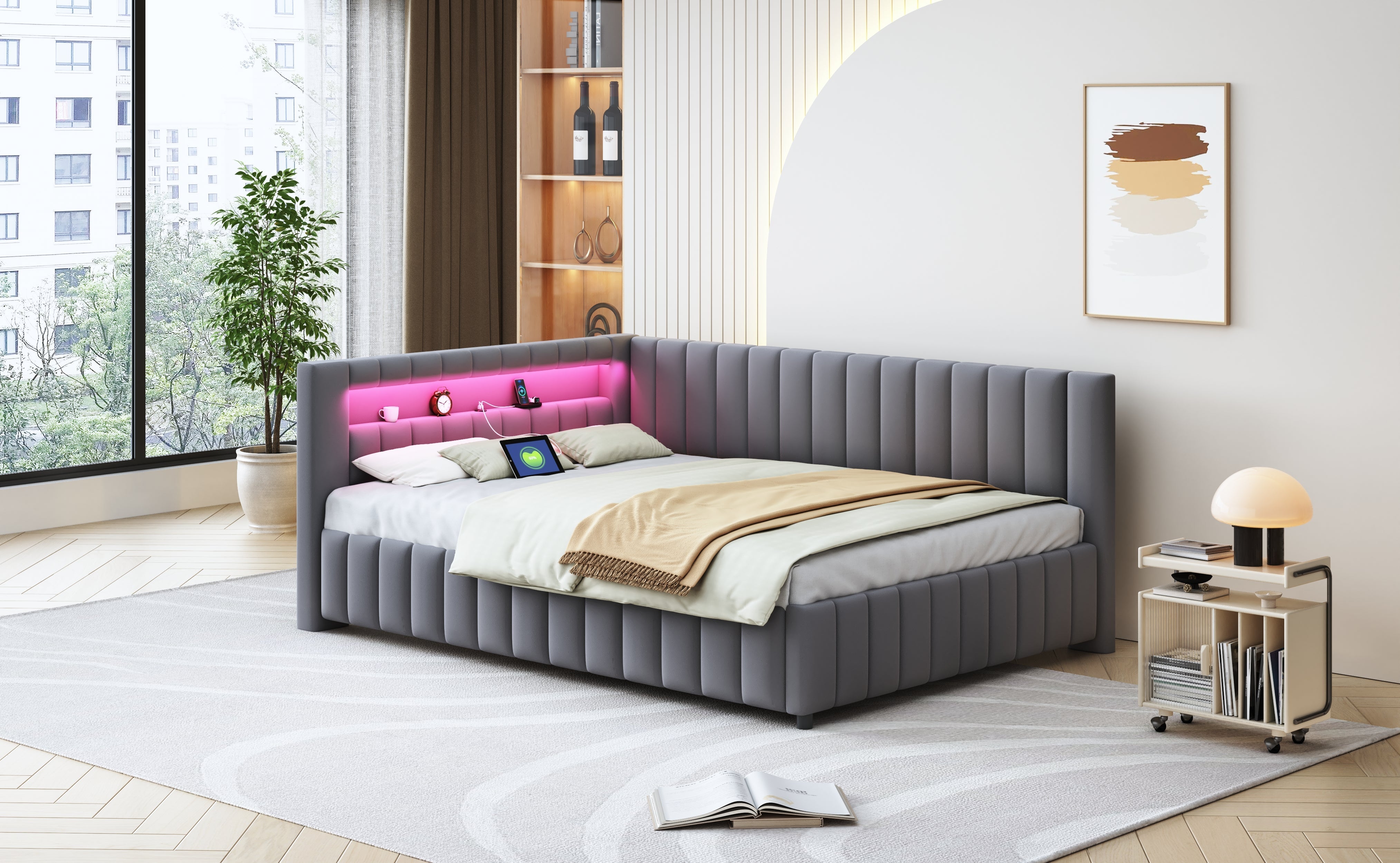 Upholstered Sofa Bed 140x200 with LED & USB, Velvet Grey