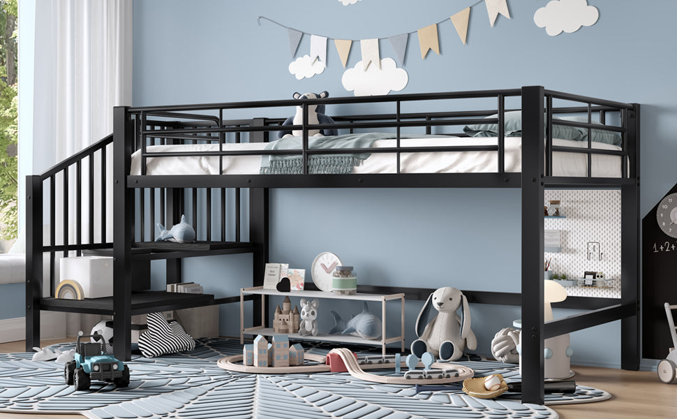 Semi-High Loft Bed 90x200 Storage Stairs Black