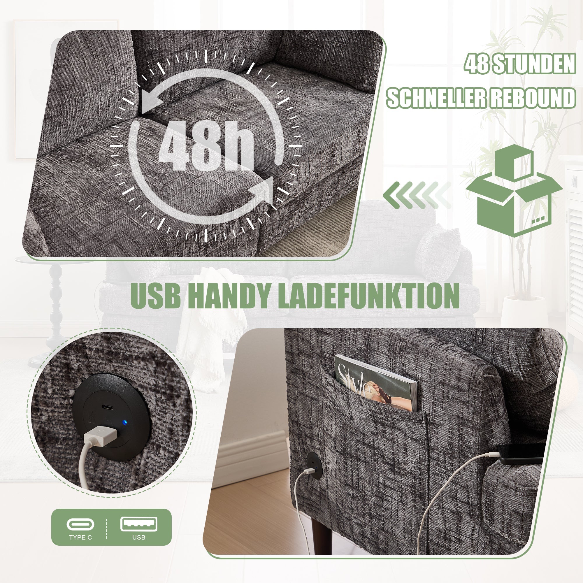 Sofa, 2-Seater with LED, USB, Storage, Chenille