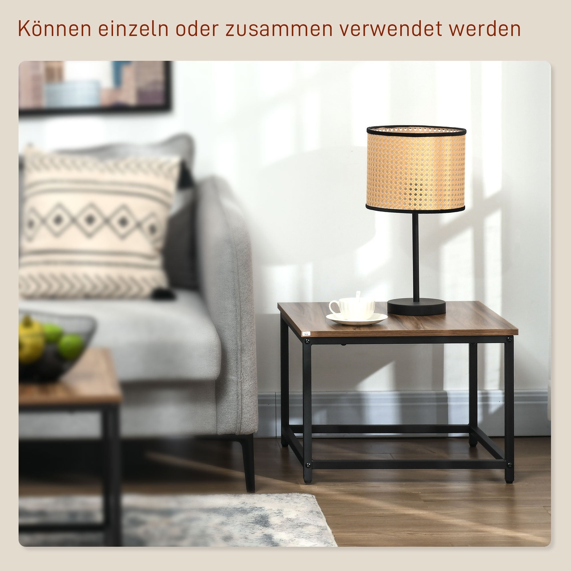 Coffee Table 2 Side Tables Industrial Design with Wood Look and Steel in Natural