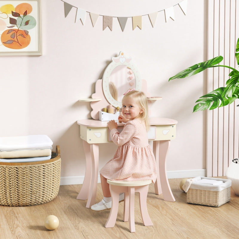 Children's Vanity Desk Set 2-in-1 Chair Drawer Mirror MDF - Pink
