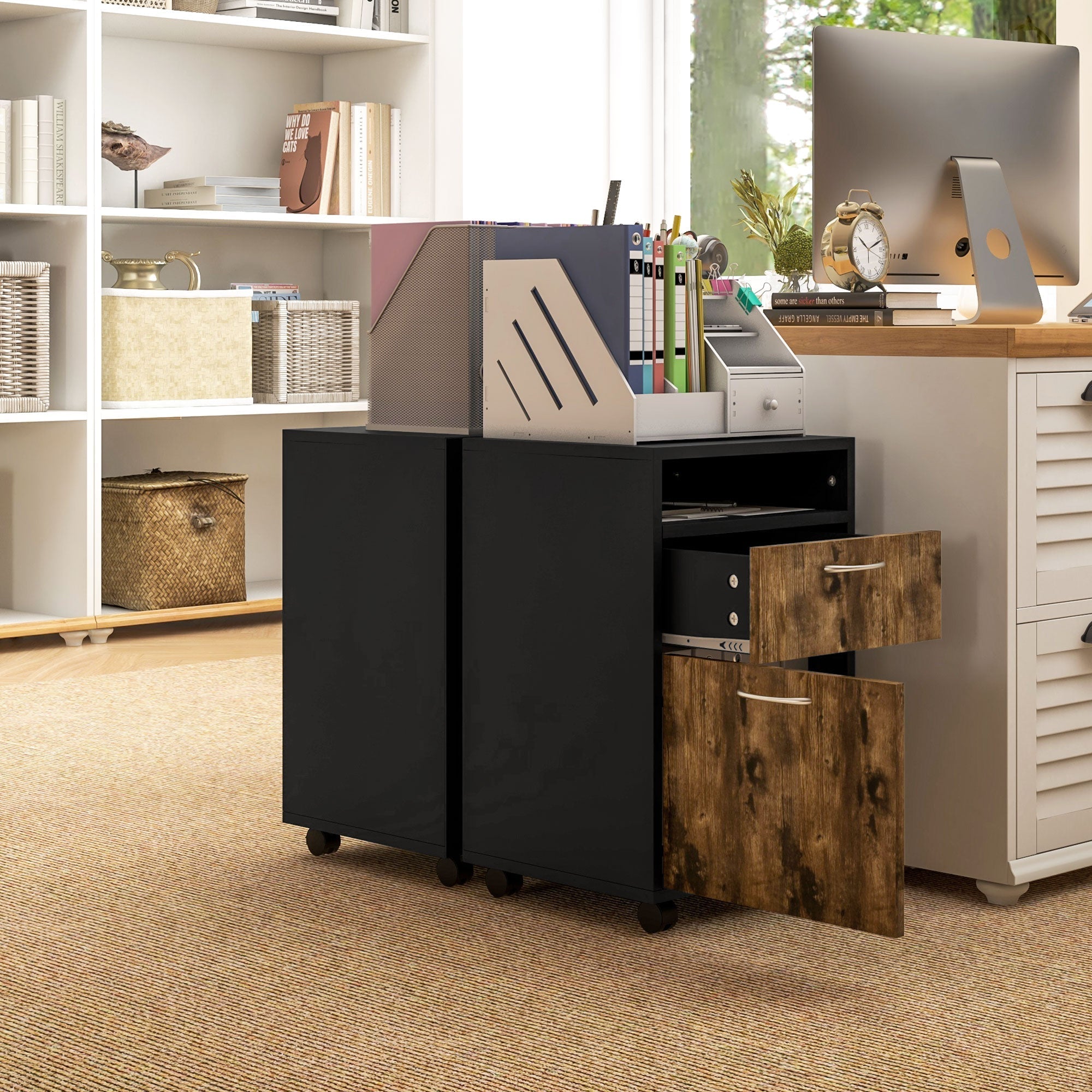 Filing Cabinet 60cm Drawer Open Shelf Mobile Wheels Rustic Brown