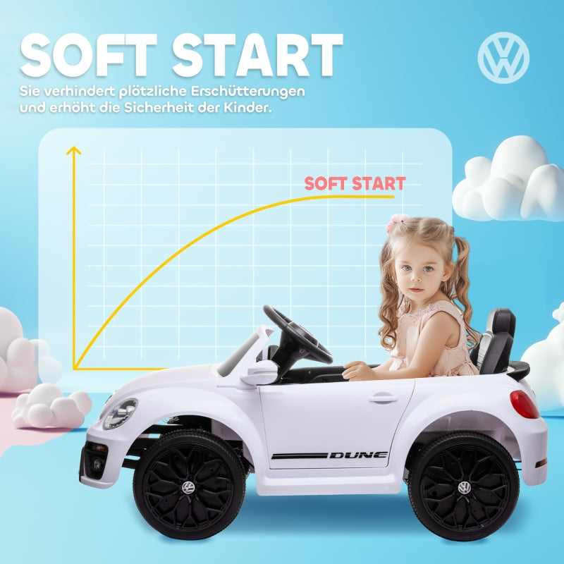AIYAPLAY Electric Ride-On Car, VW Beetle, 3-5 km/h, with remote control and music, white