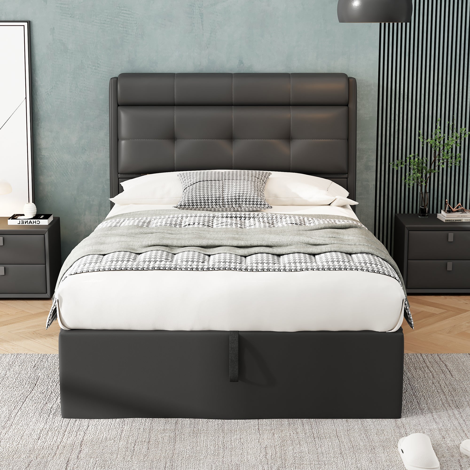 Upholstered Bed 90x200 Hydraulic Storage Concealed Headboard - PU Black