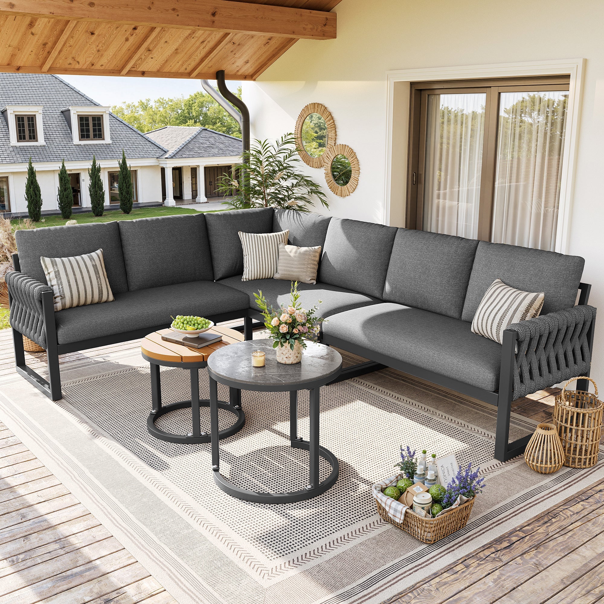 Garden Lounge Set Modular 5-6 Seater Adjustable Legs - Grey