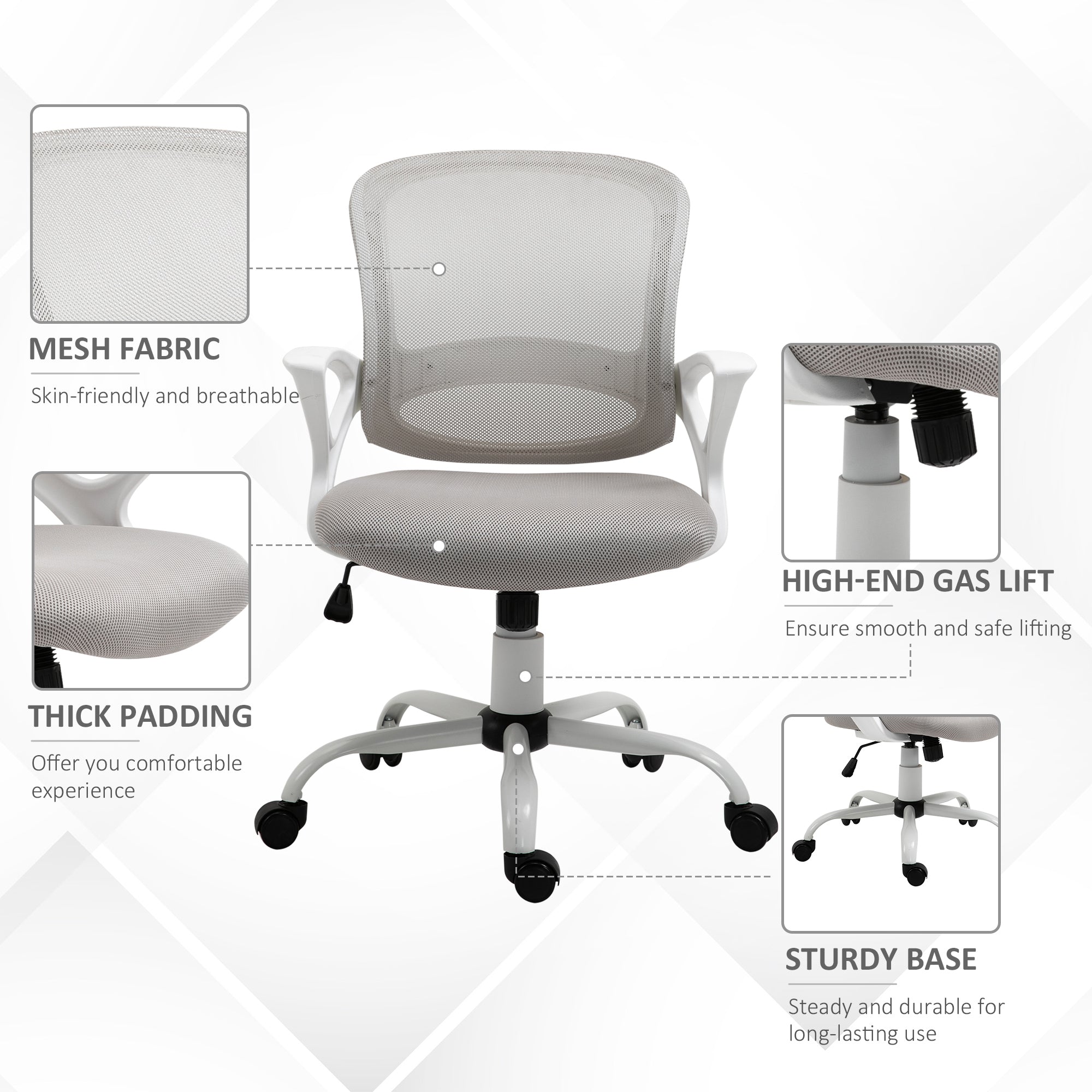 Office Chair Swivel Desk with Lumbar Support Adjustable Height Mesh Grey