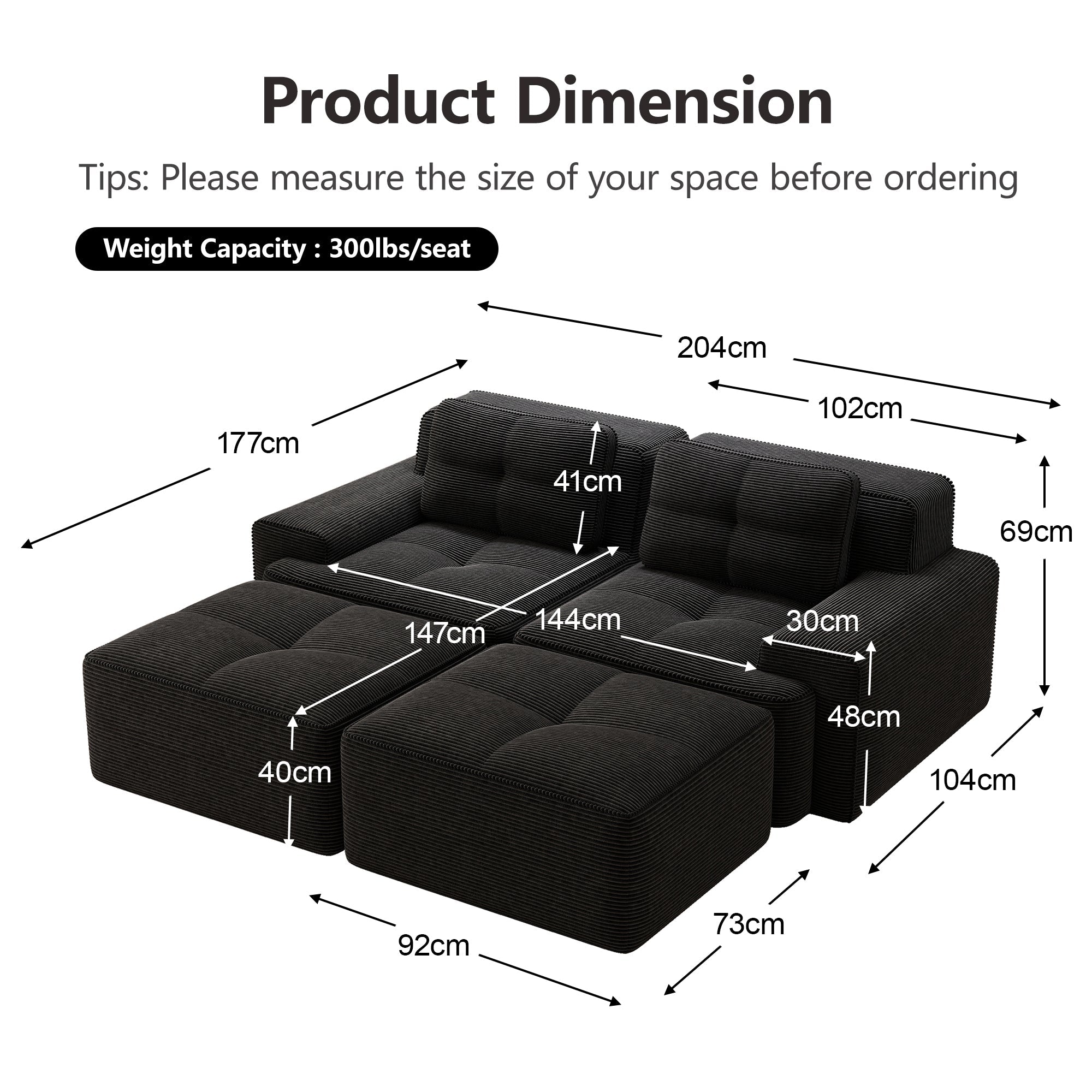 Cloud Modular Sofa U-shaped Ottoman Deep Seat - Corduroy Black