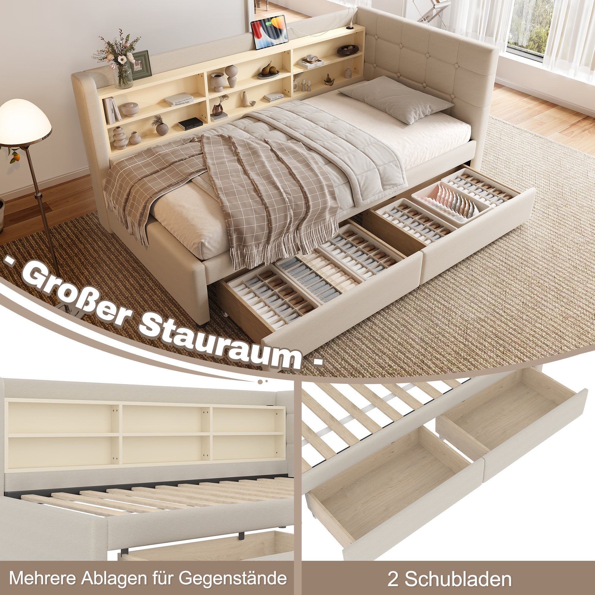 Daybed Sofa Bed 90x200cm 2 Drawers USB-Type C Storage - Linen Beige