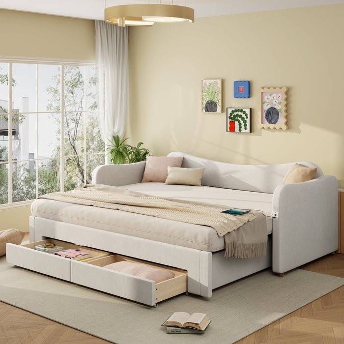 Upholstered Daybed with 2 Drawers, USB Port, 90x200cm Extendable to 180cm, Beige Velvet