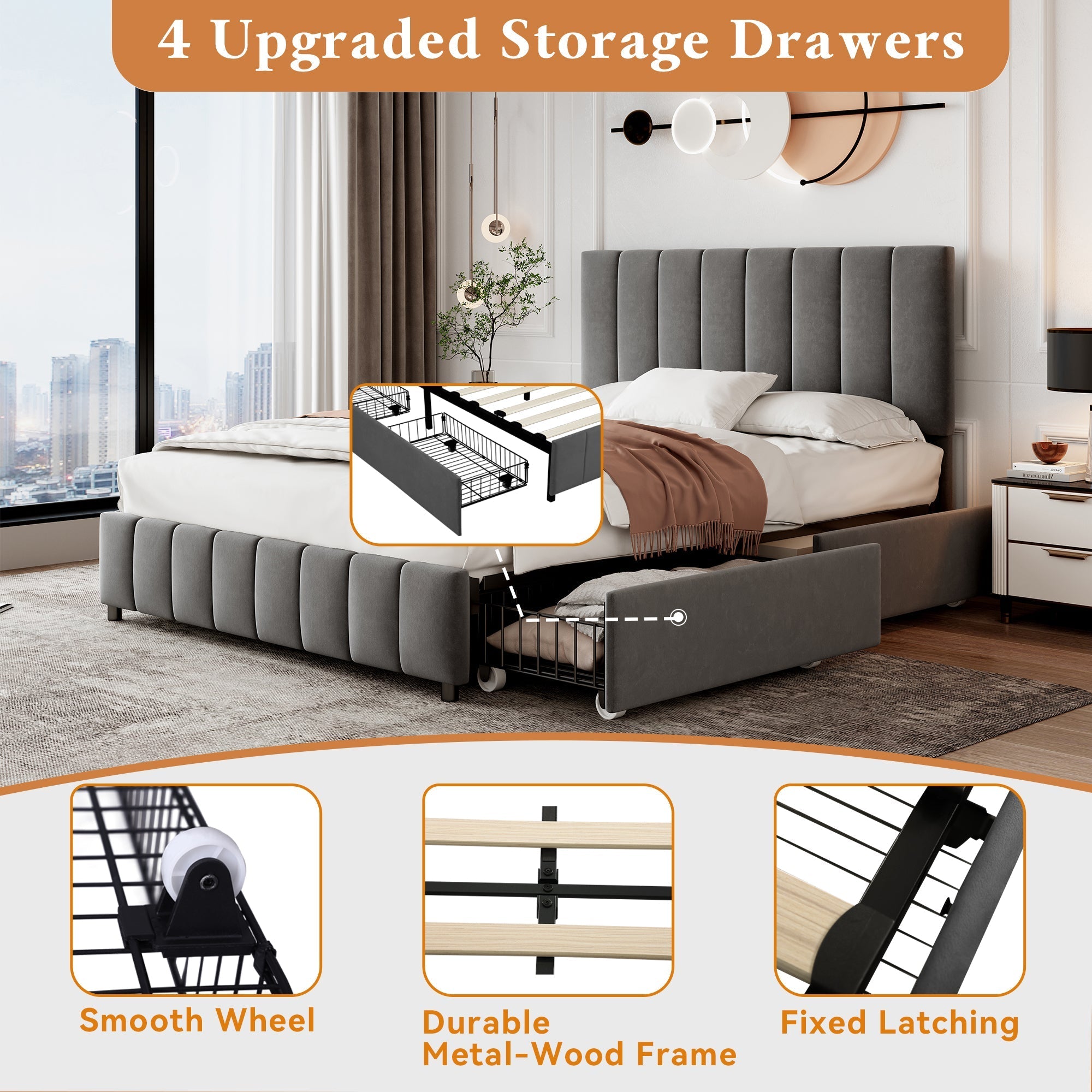 4ft6 Double Upholstered Bed with 4 Storage Drawers, Adjustable Channel Tufted Headboard, Grey Velvet