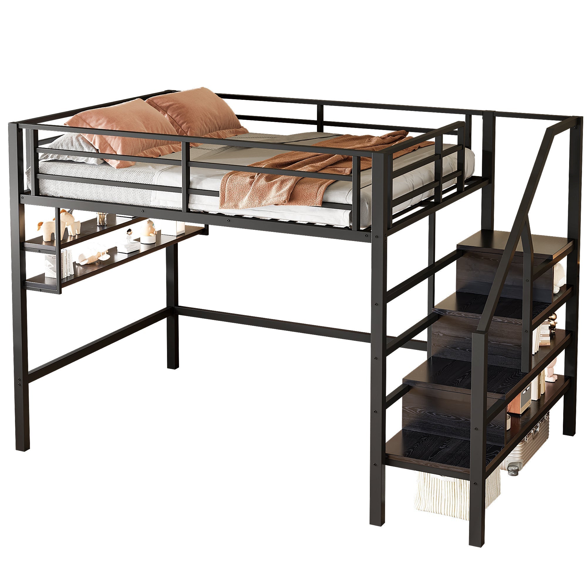 Loft Bed 140x200cm Storage Ladder Shelves Railing Black